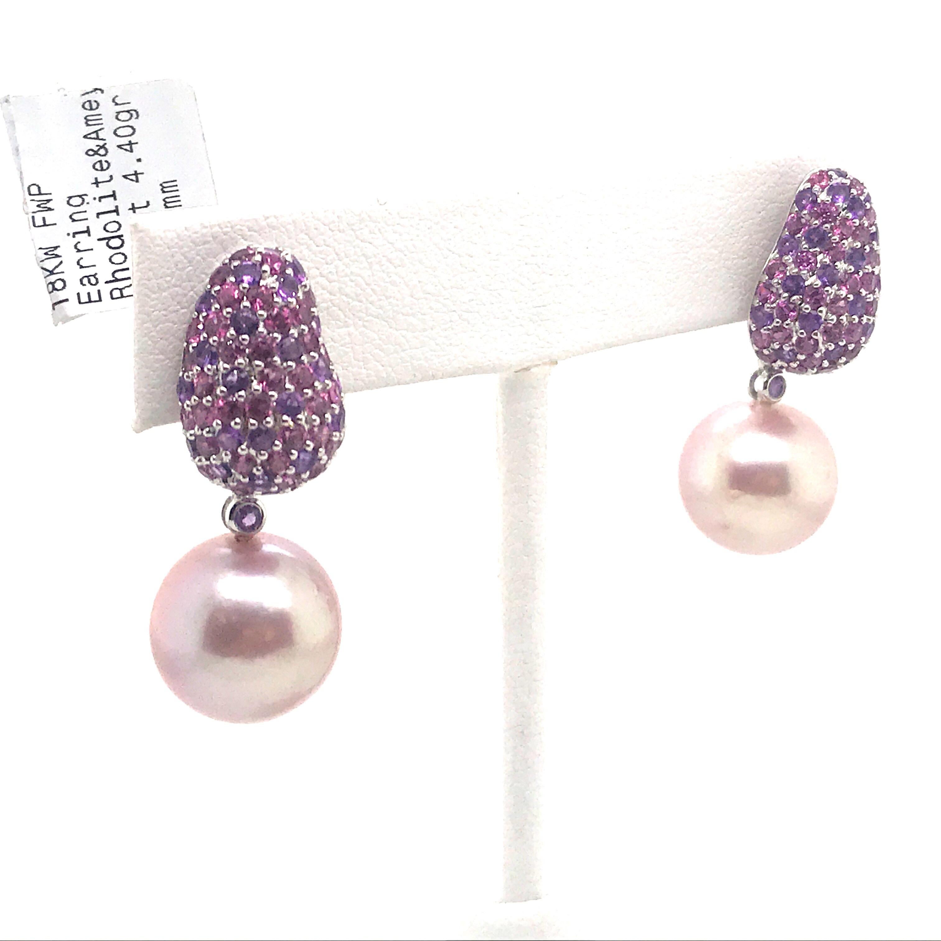Amethyst Rhodolite Pink Freshwater Pearl 4 Carat 18 Karat White Gold In New Condition For Sale In New York, NY