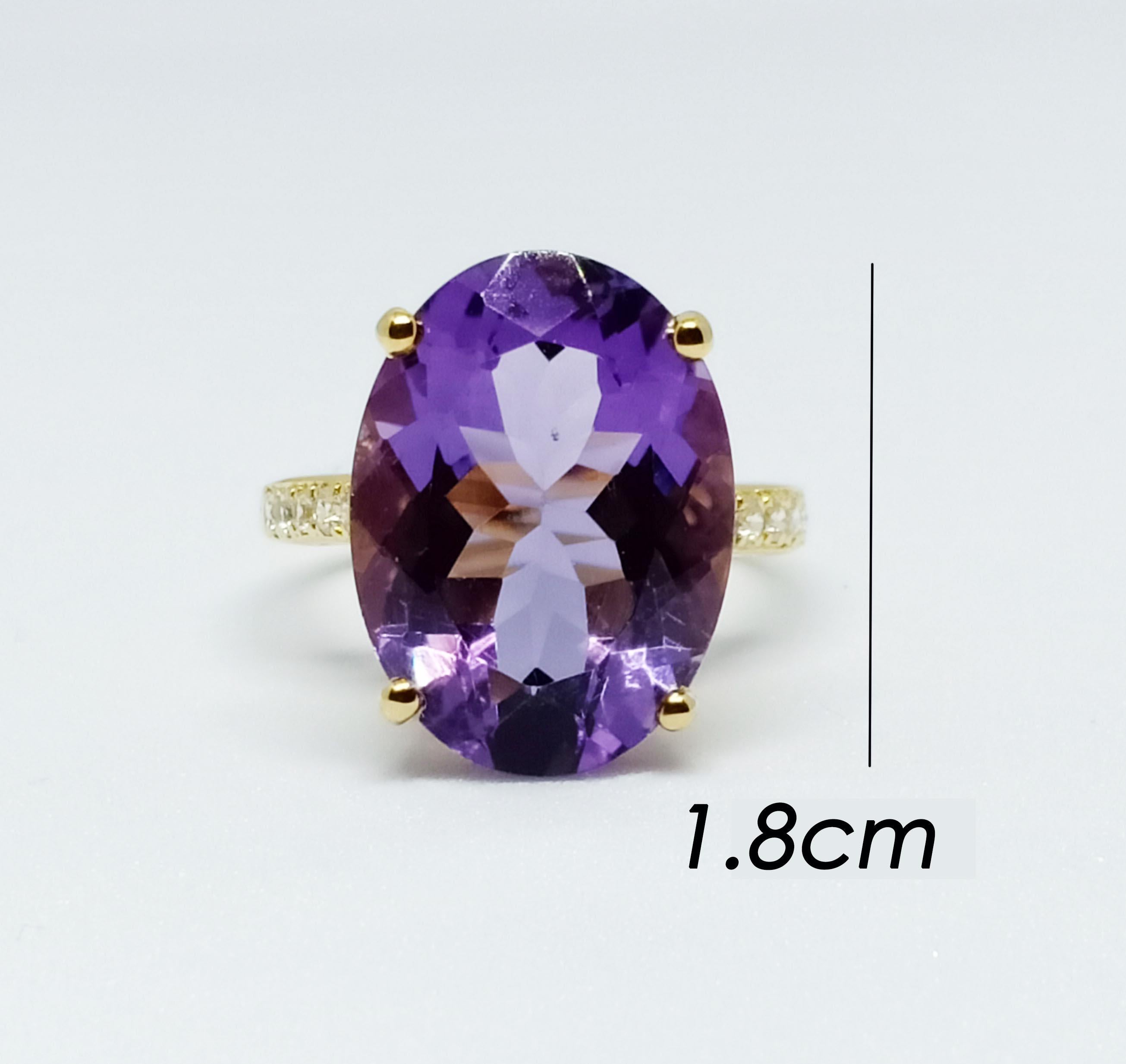 Amethyst oval 18x13 mm.  ( 11.24cts ) 1 pc.
White zircon round 1.75 mm. 11 pcs.
18k Gold plated over sterling silver
Size 8 us.
Can be smaller resizable free. take up 7 days before ship.

Storefront (search) ornamento jewellery