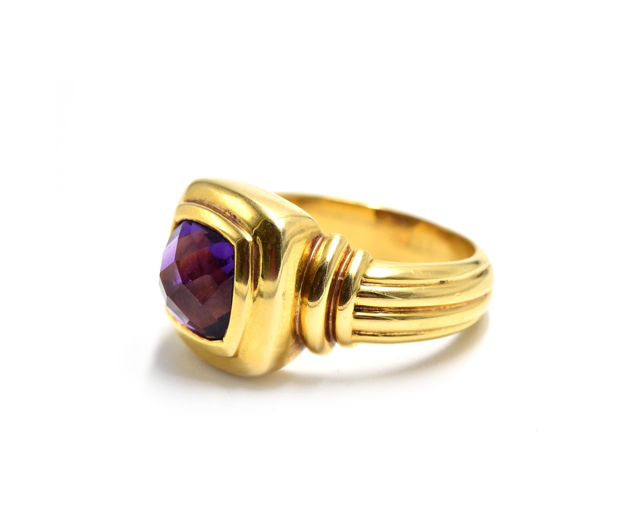 Designer: custom design
Material: 18k yellow gold
Amethyst: checkerboard faceted cushion cut 2.20 carat amethyst gemstone
Dimensions: ring top measures 1/2-inch long
Ring Size: 6 3/4 (please allow two additional shipping days for sizing