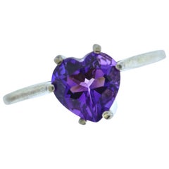 Amethyst Ring Centering a Fine Heart Shaped Vivid Purple Amethyst in White Gold