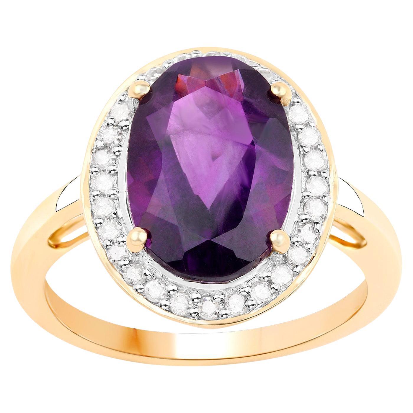 Amethyst Ring Diamond Halo 4.40 Carats 14K Yellow Gold For Sale