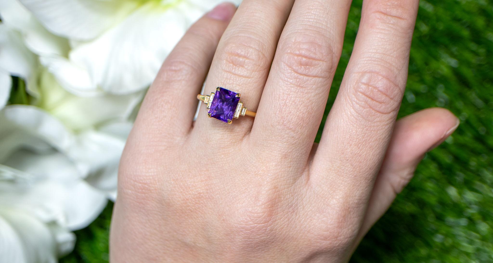 It comes with the Gemological Appraisal by GIA GG/AJP
All Gemstones are Natural
Amethyst = 2.23 Carats
Diamonds = 0.12 Carats
Metal: 18K Yellow Gold
Ring Size: 6.5* US
*It can be resized complimentary