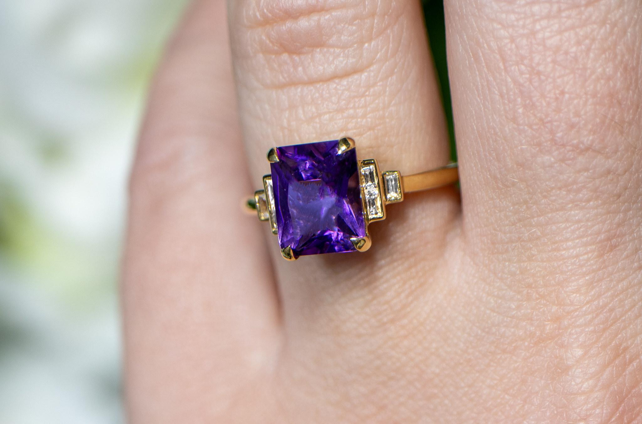 Octagon Cut Amethyst Ring Diamond Setting 2.35 Carats 18K Yellow Gold For Sale