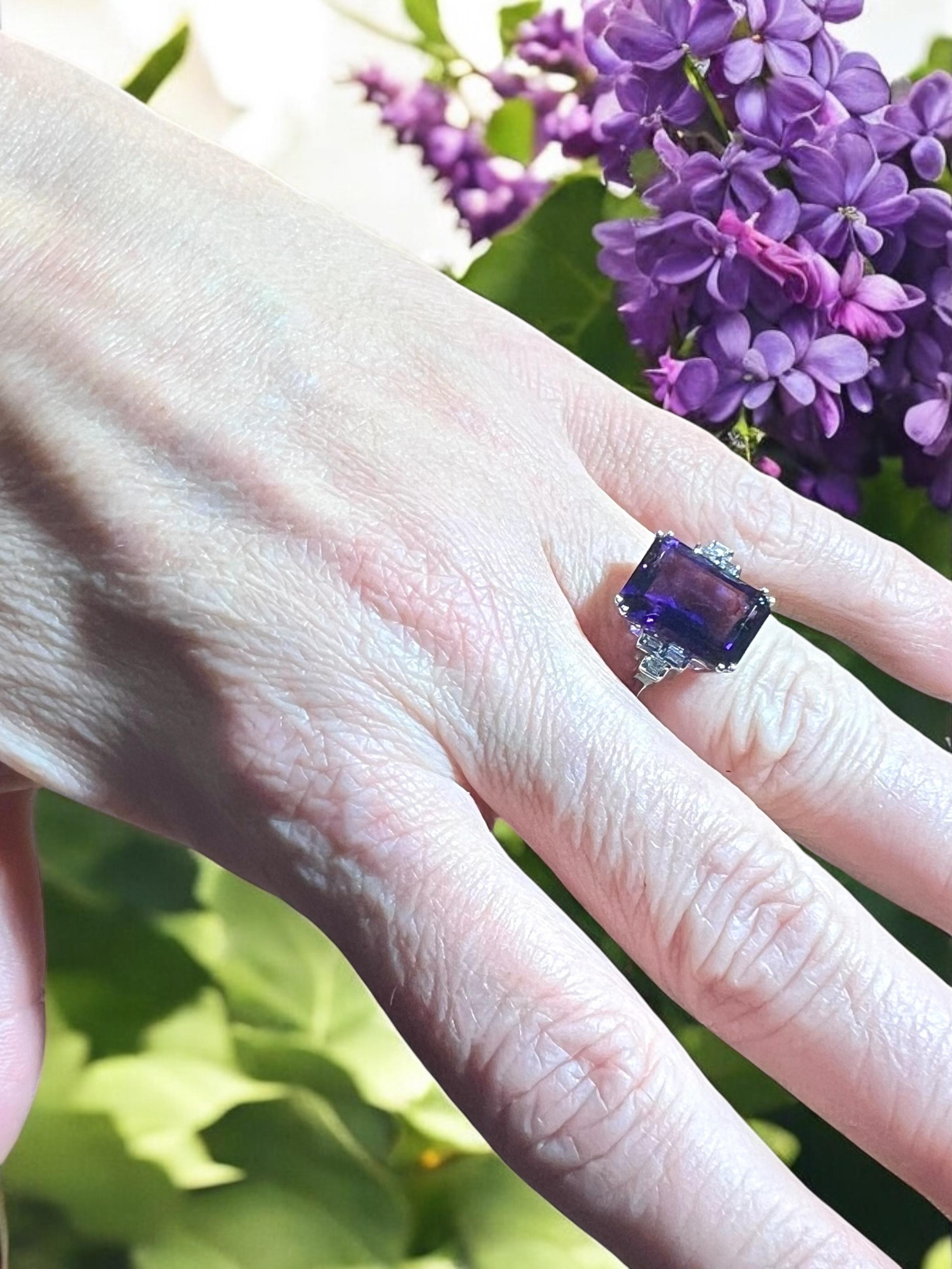 French Cut Amethyst Ring, Diamonds, 18 Carat White Gold For Sale