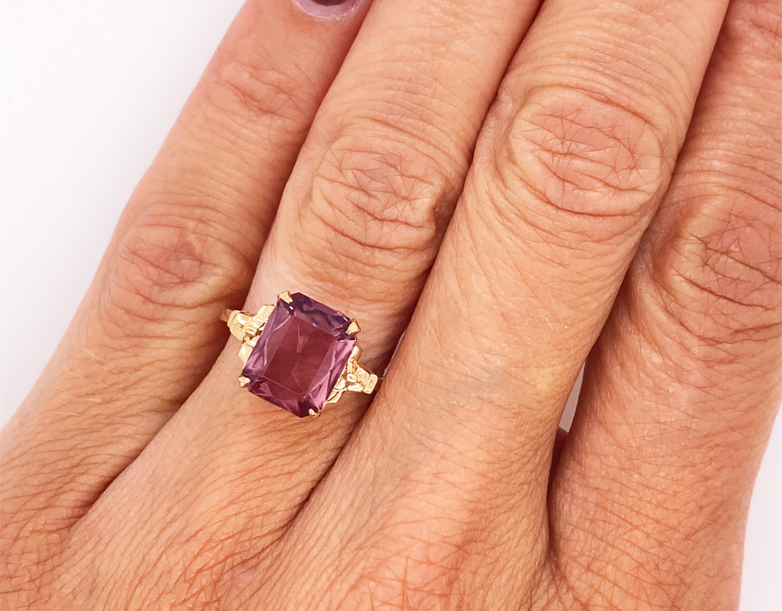 Women's Amethyst Ring NOS Vintage 2.90ct Rectangular Cut 1950's Retro Antique Yellow Gol