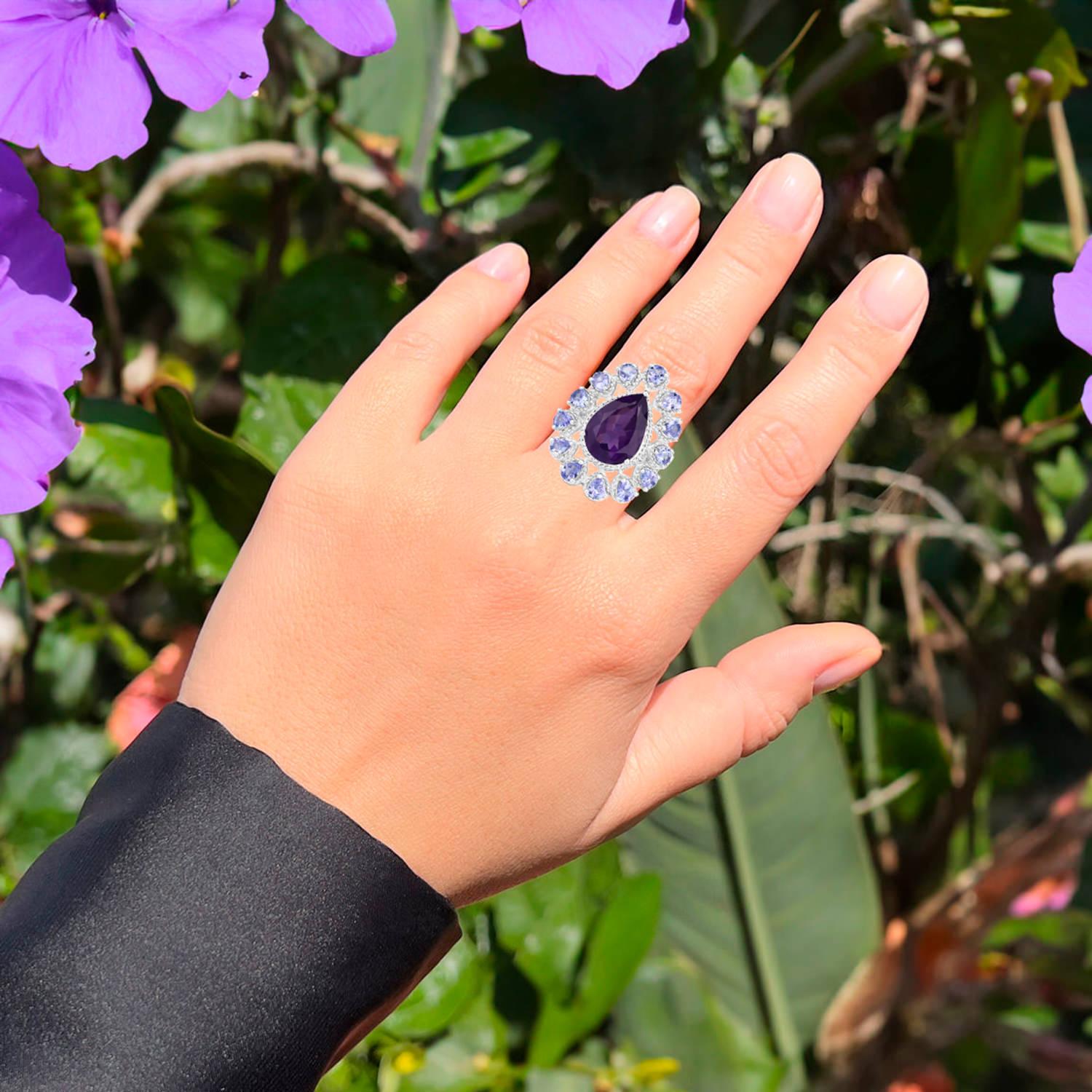 Contemporary Amethyst Ring Tanzanite Halo 5.8 Carats Sterling Silver For Sale