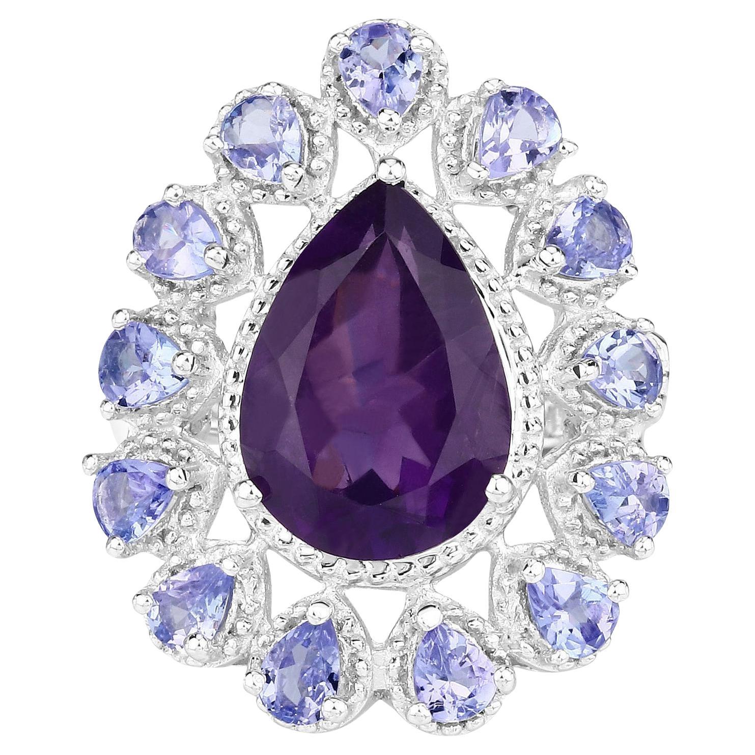 Amethyst Ring Tanzanite Halo 5.8 Carats Sterling Silver For Sale