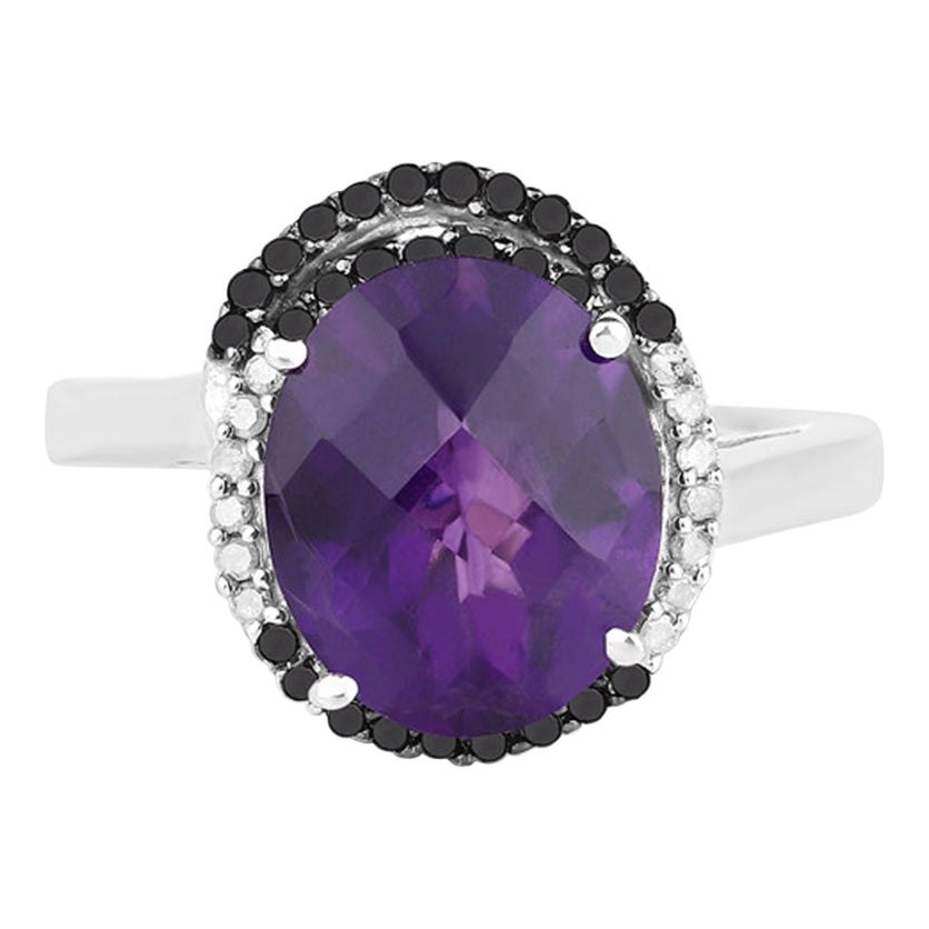 Amethyst Ring With Black and White Diamonds 4.48 Carats Sterling Silver For Sale
