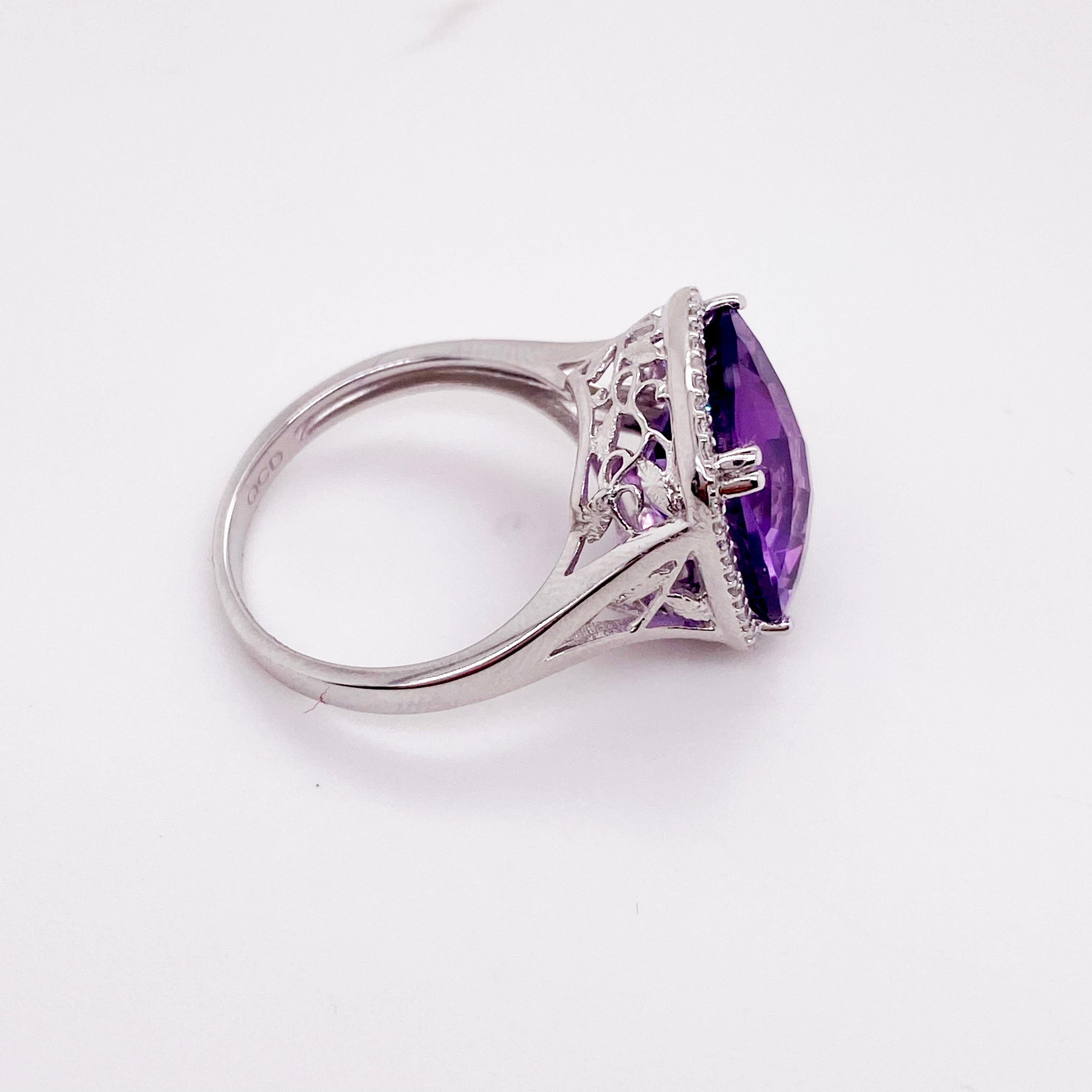 Amethyst Ring with Diamond Halo Set w Split Band in 14 Karat White Gold 2