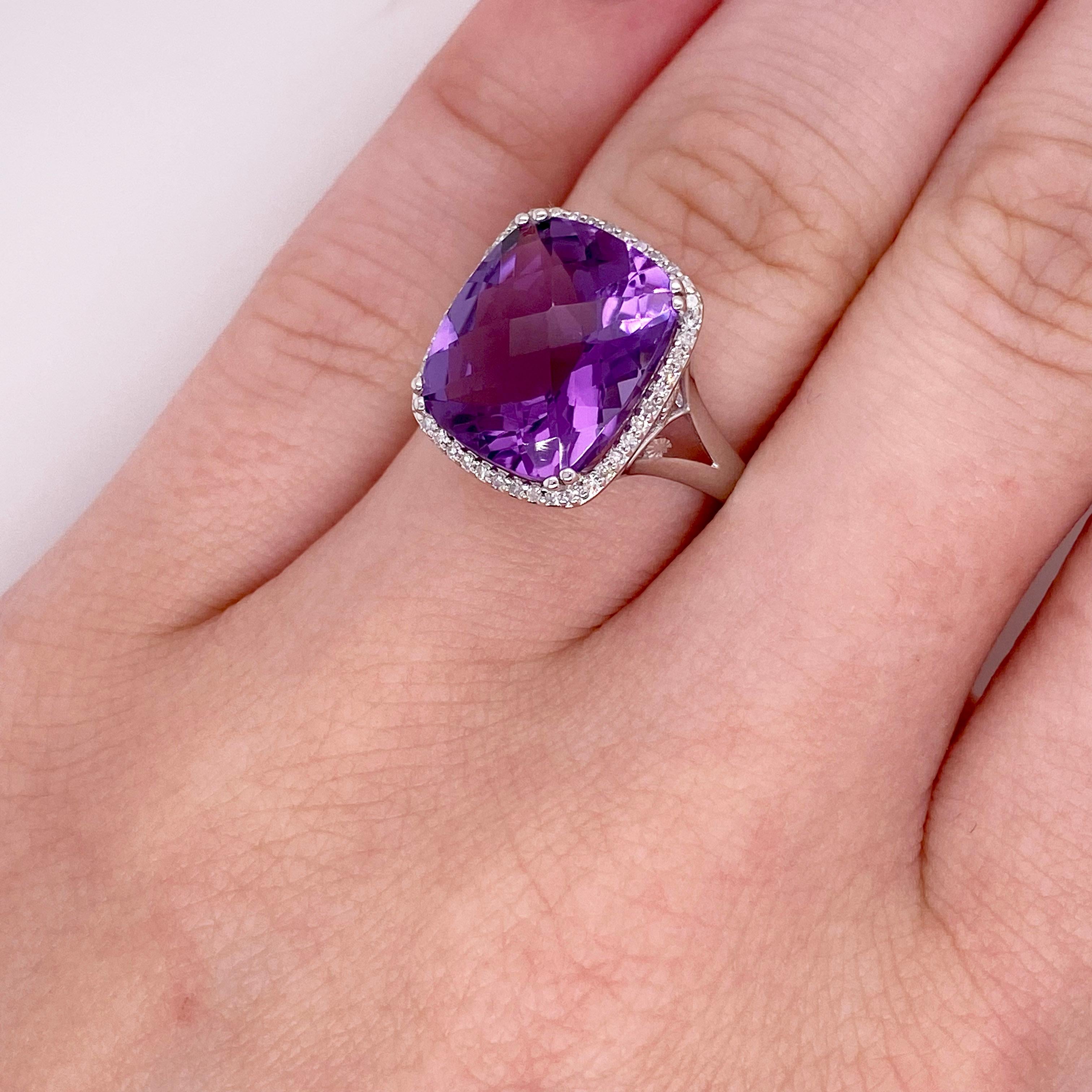 Amethyst Ring with Diamond Halo Set w Split Band in 14 Karat White Gold 6