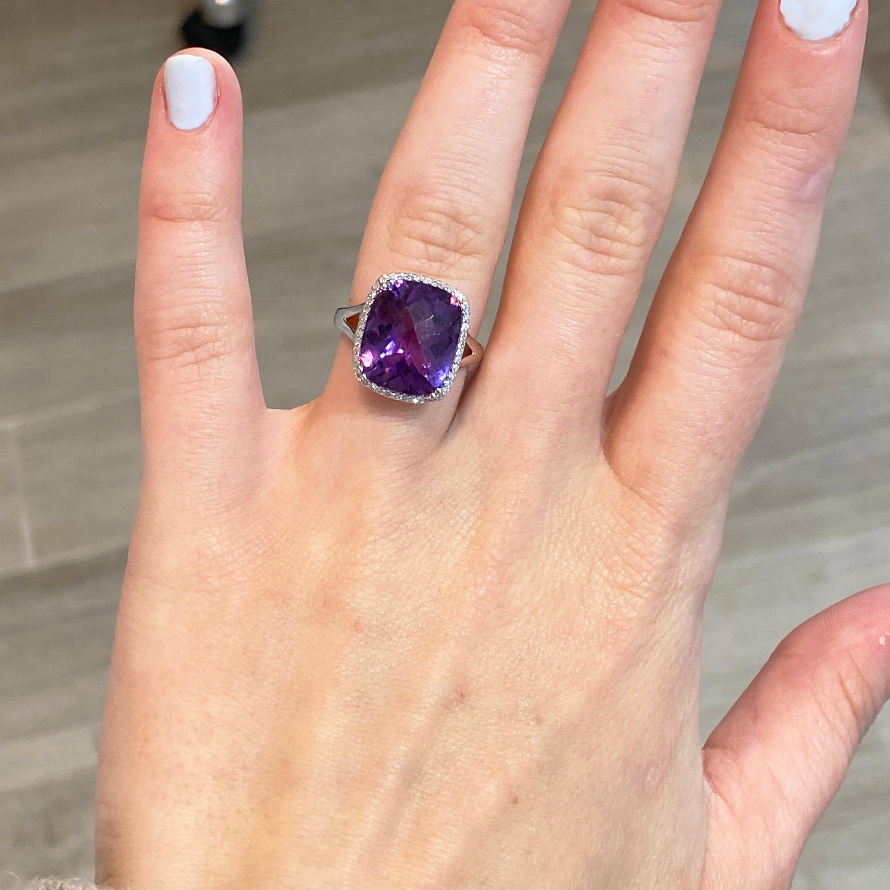 Amethyst Ring with Diamond Halo Set w Split Band in 14 Karat White Gold 7