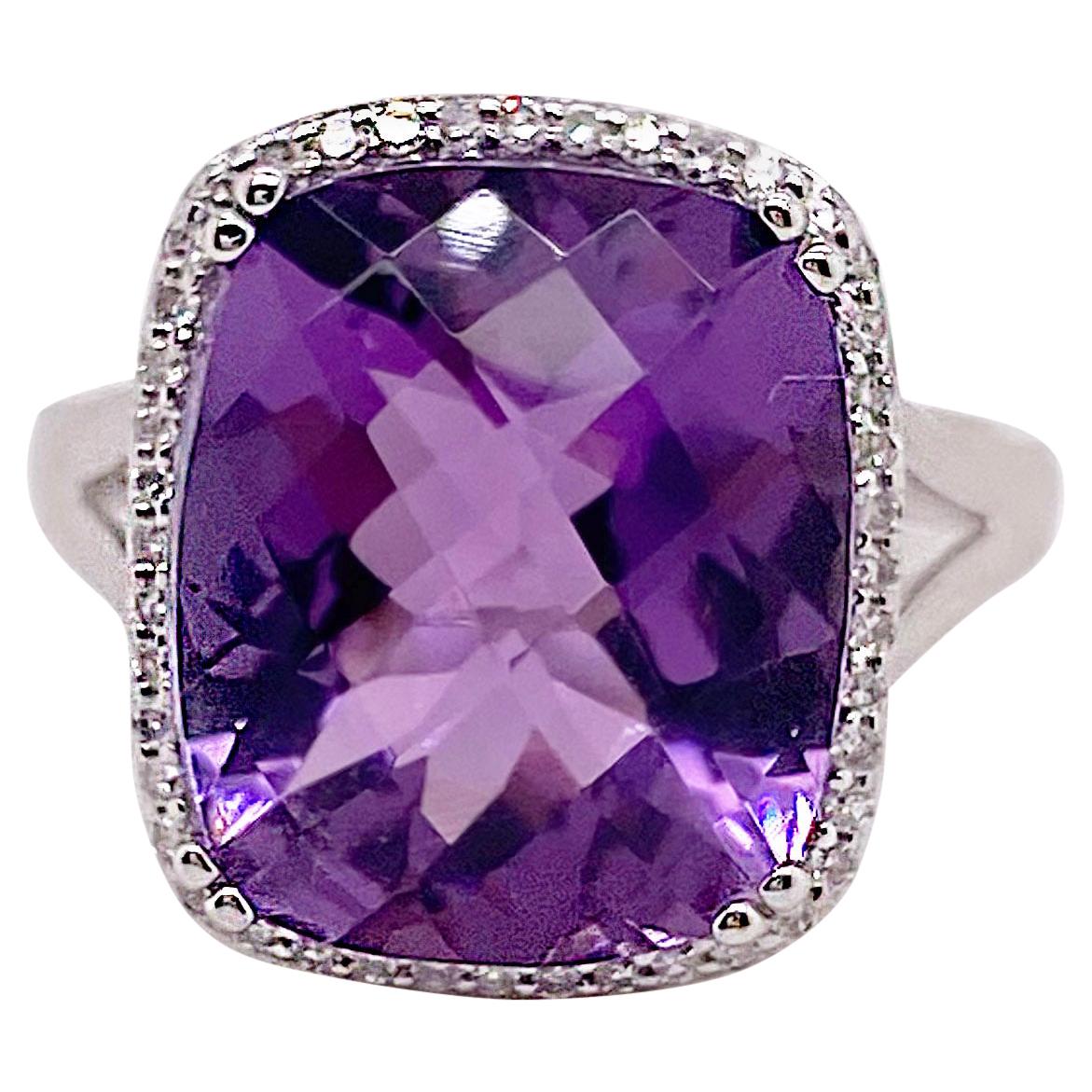 Amethyst Ring with Diamond Halo Set w Split Band in 14 Karat White Gold