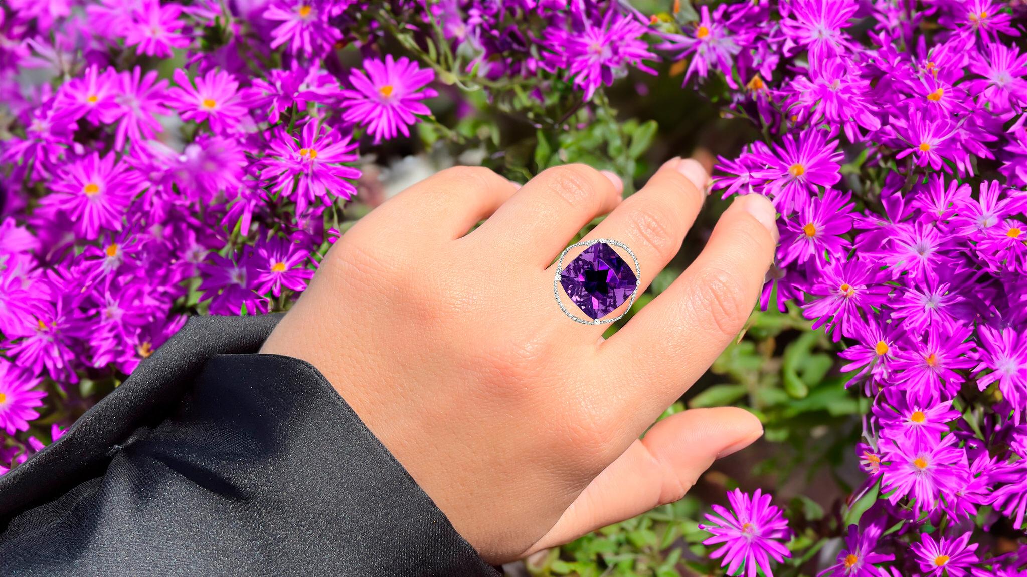 Cushion Cut Amethyst Ring With Diamonds 14.89 Carats 14K White Gold For Sale