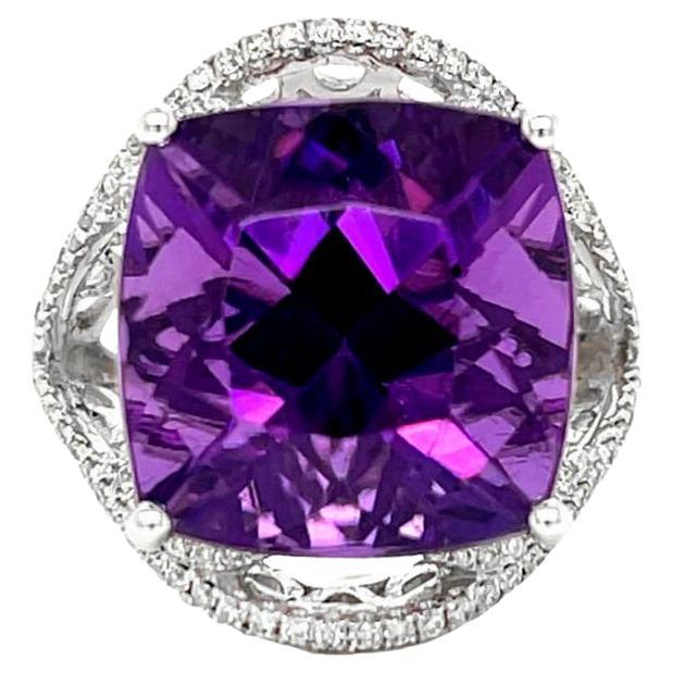 Amethyst Ring With Diamonds 14.89 Carats 14K White Gold For Sale