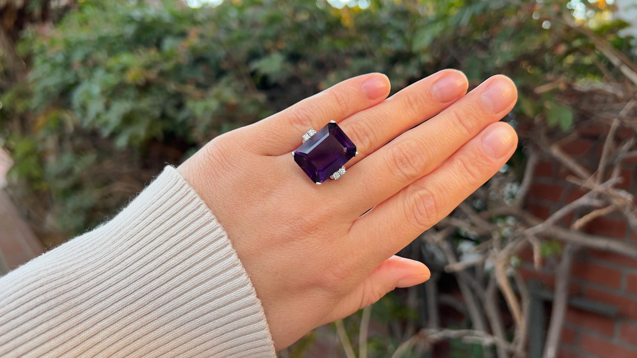 Art Deco Amethyst Ring With Diamonds 30.20 Carats 14K White Gold For Sale