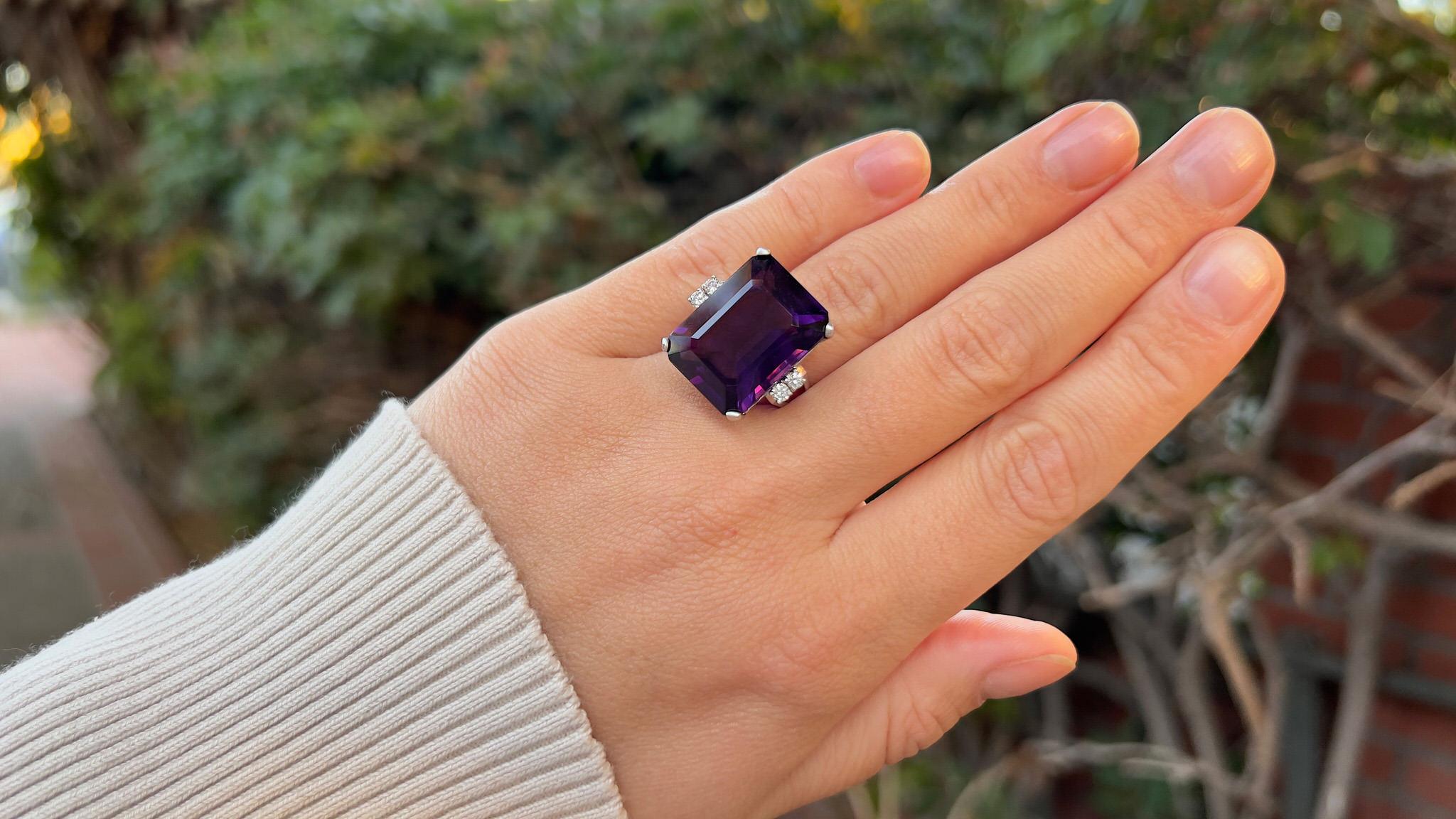 Emerald Cut Amethyst Ring With Diamonds 30.20 Carats 14K White Gold For Sale