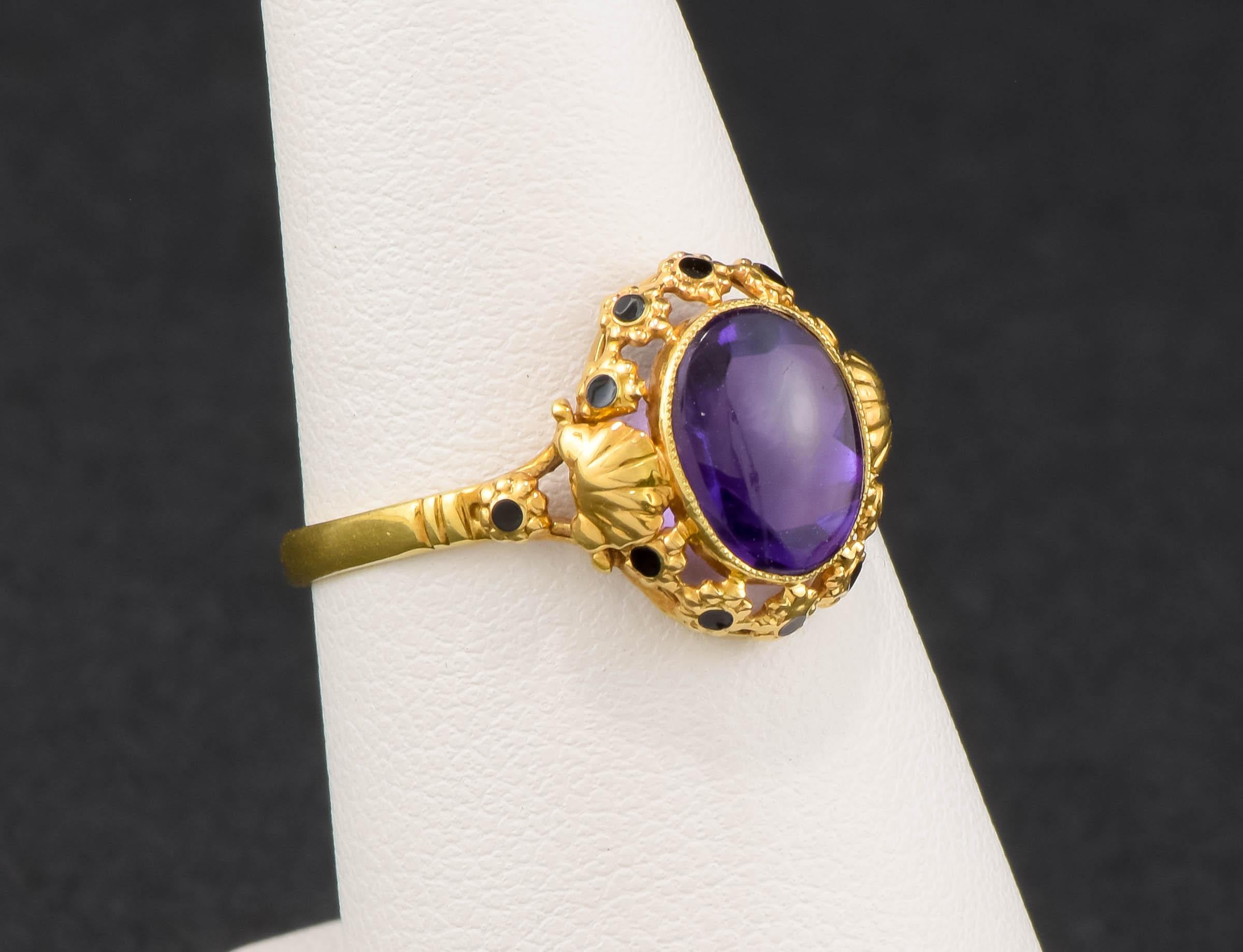Victorian Amethyst Ring with Enamel Flower Blossoms & Shell Design For Sale