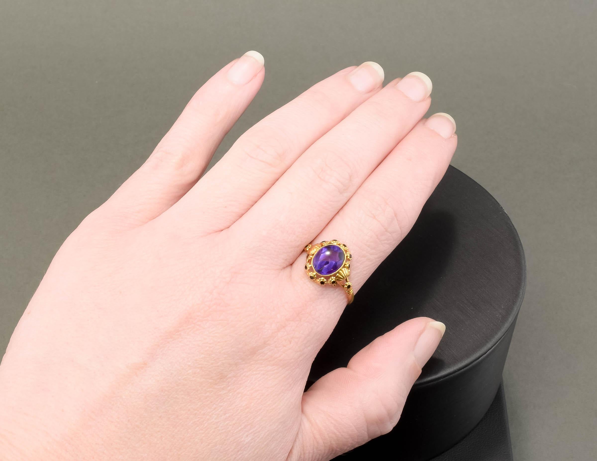 Oval Cut Amethyst Ring with Enamel Flower Blossoms & Shell Design For Sale