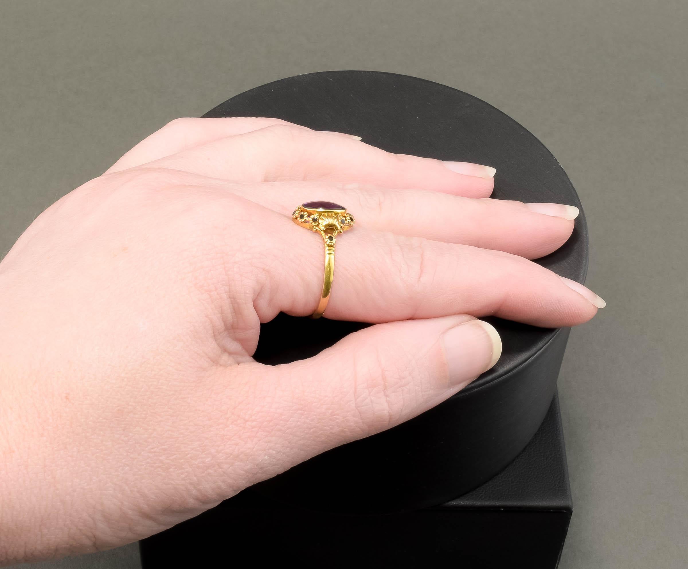 Women's Amethyst Ring with Enamel Flower Blossoms & Shell Design For Sale