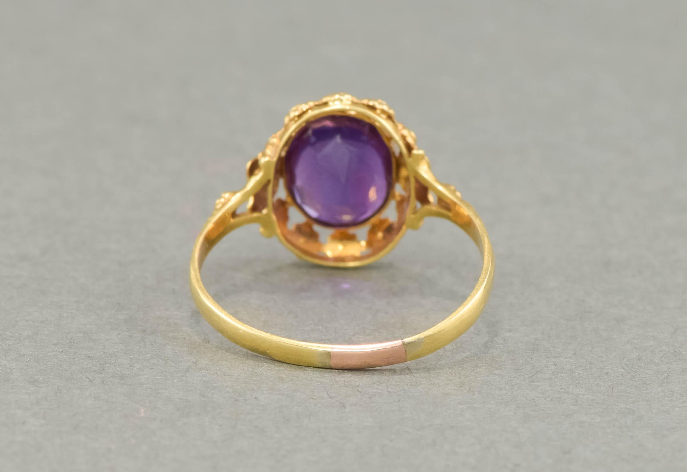 Amethyst Ring with Enamel Flower Blossoms & Shell Design For Sale 1