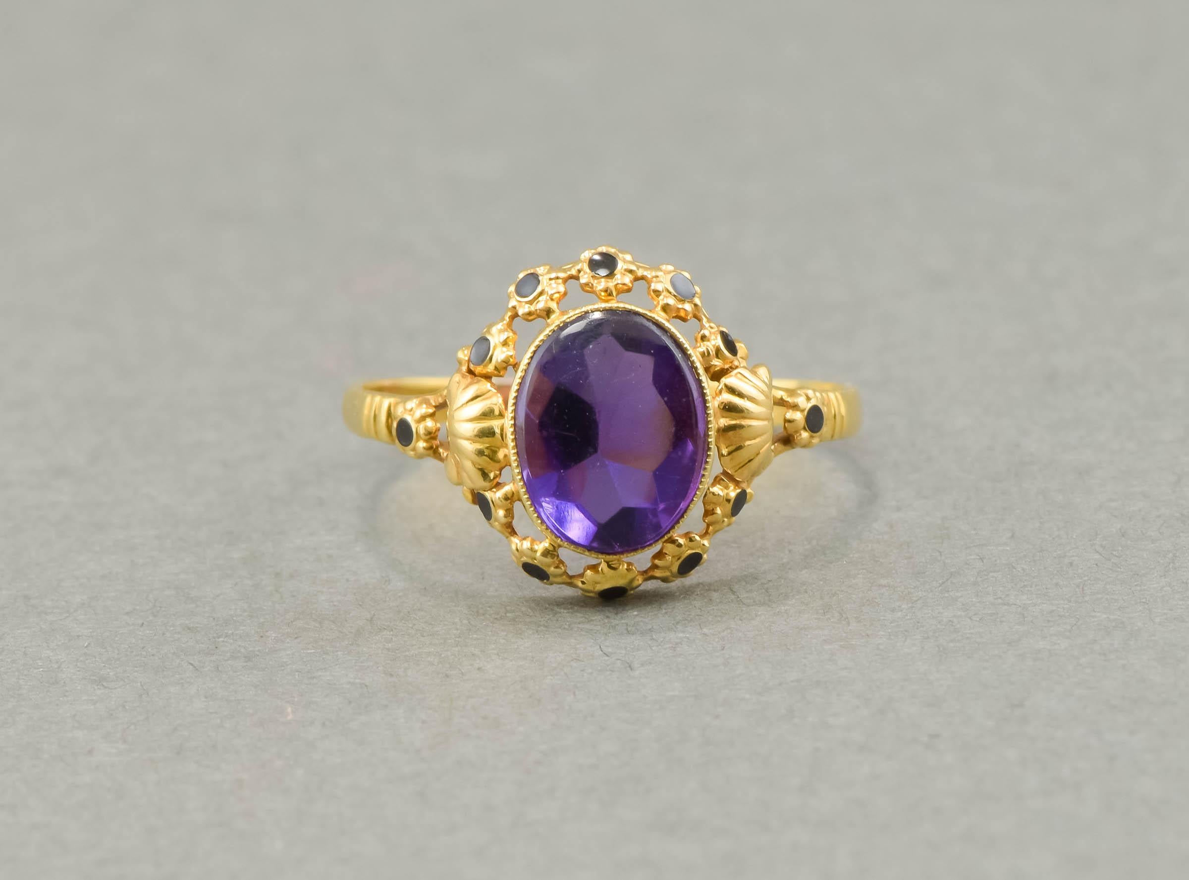 Amethyst Ring with Enamel Flower Blossoms & Shell Design For Sale 3