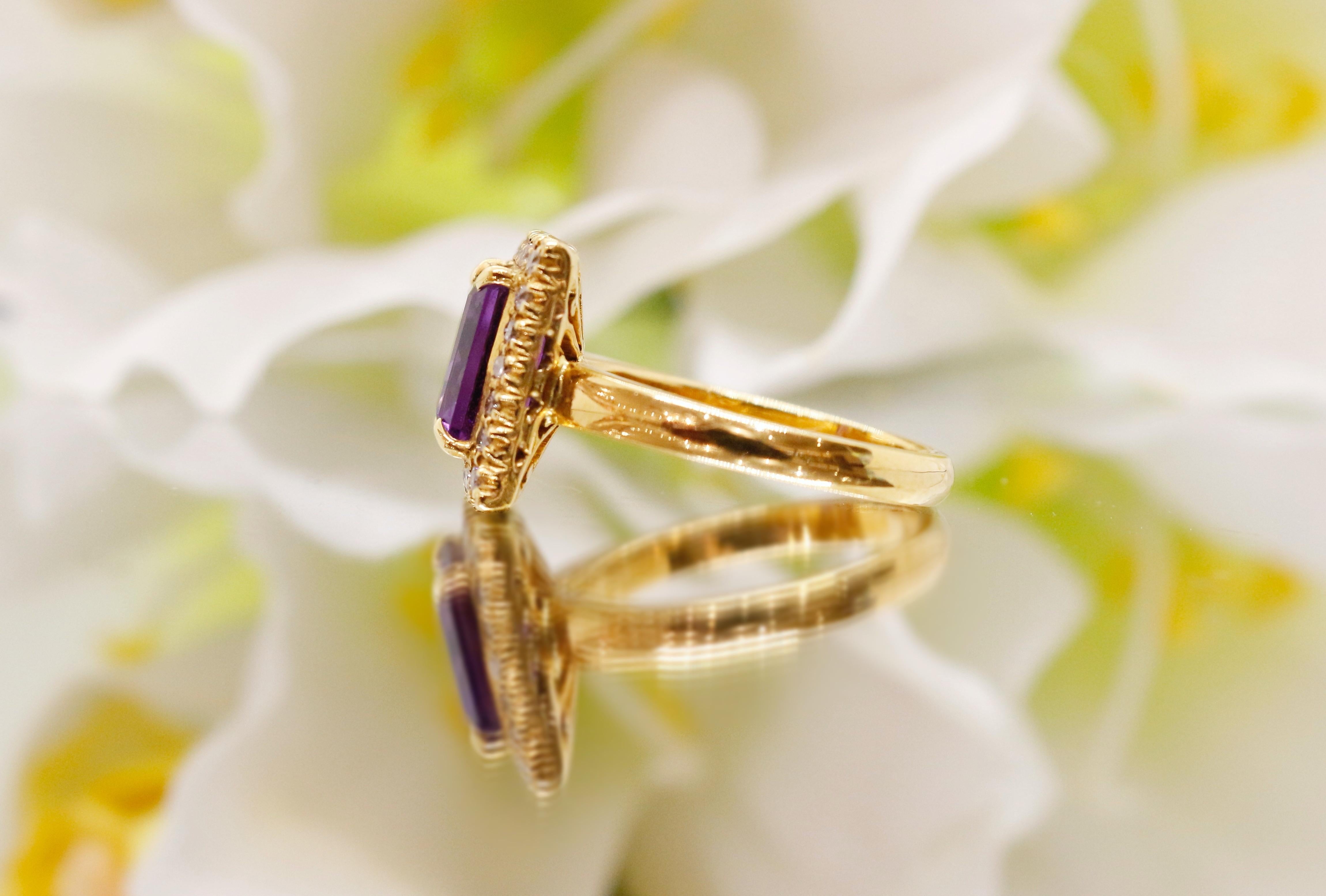 Portrait Cut Amethyst Ring with Natural Diamond Accent, Vintage 14k Gold For Sale