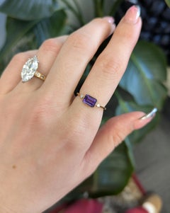 Amethyst Ring with Natural Diamond Accents: Solid 14K Gold, Emerald cut 7x5mm