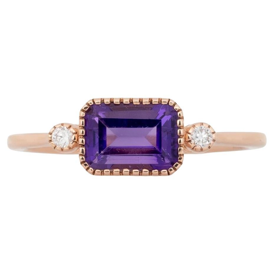 Amethyst-Ring mit natürlichen Diamant-Akzenten: Massiv 14K Gold, Smaragdschliff 7x5mm im Angebot