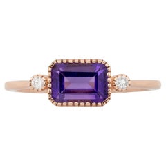 Amethyst Ring with Natural Diamond Accents: Solid 14K Gold, Emerald cut 7x5mm
