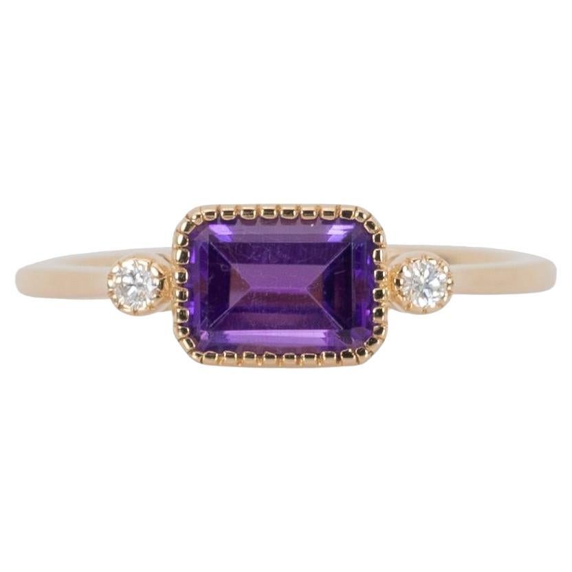 Amethyst Ring with Natural Diamonds Accents: Solid 14K Gold, Emerald cut 7x5mm
