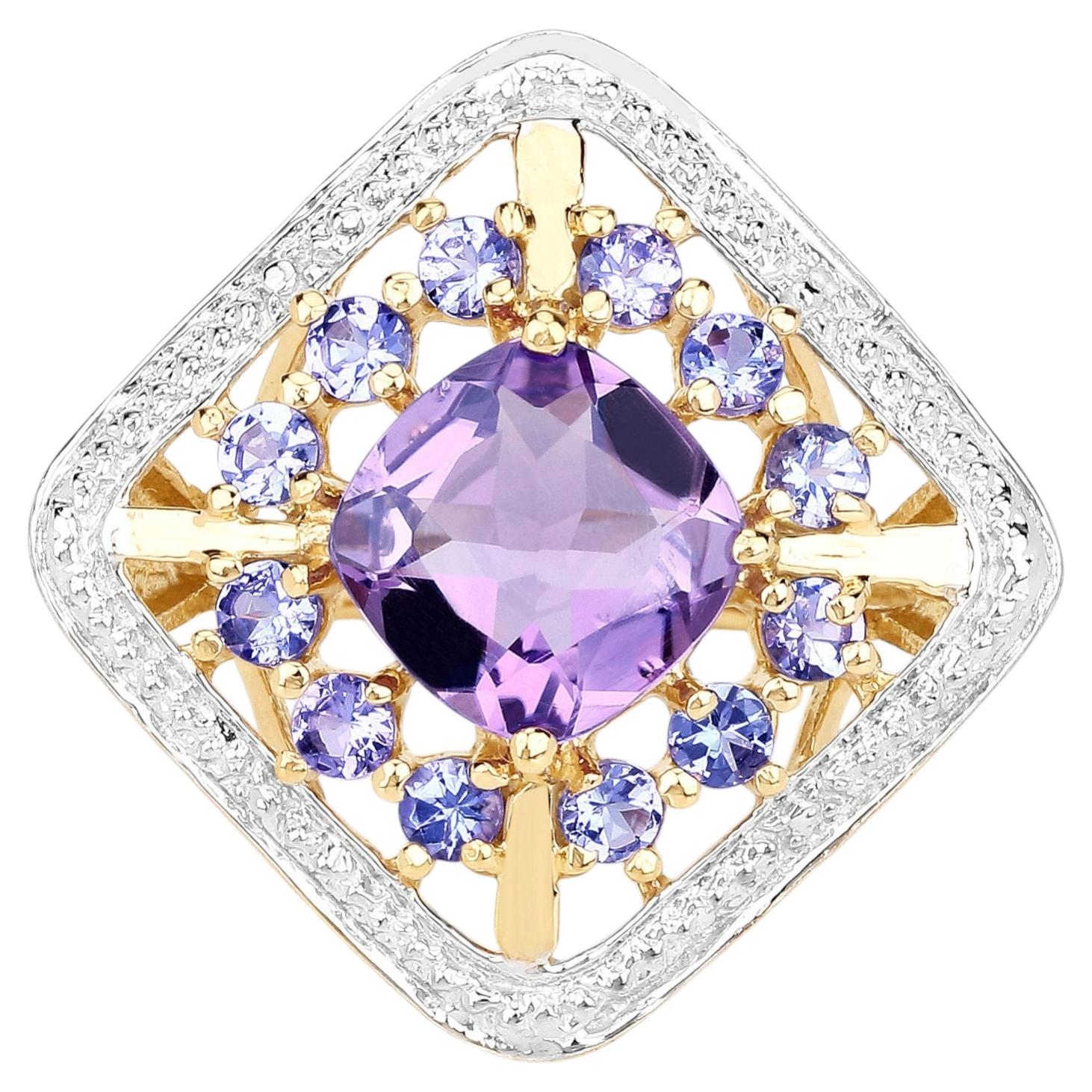Amethyst Ring With Tanzanite 3.4 Carats Gold Plated Silver