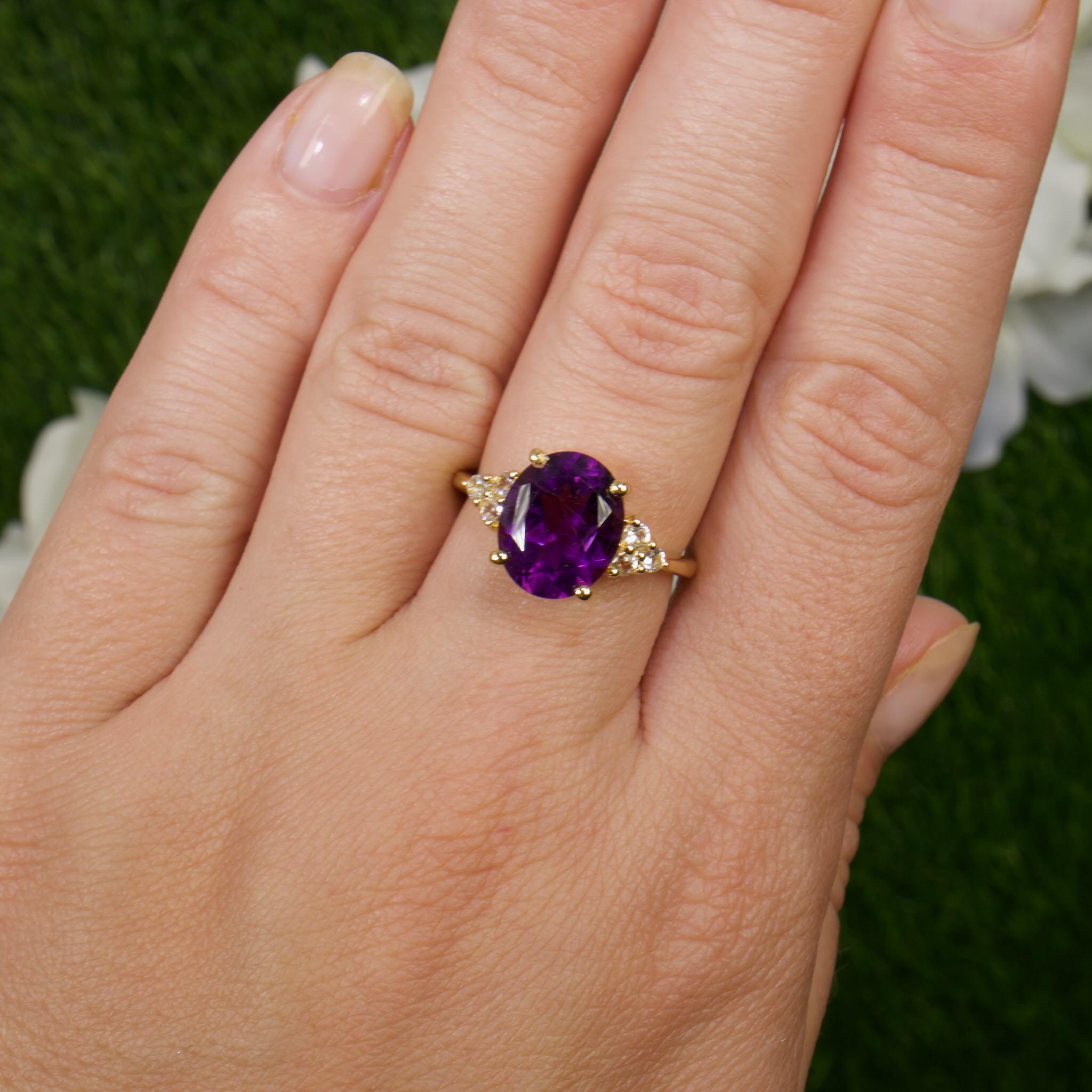 Contemporary Amethyst Ring With White Topazes 3.4 Carats 14K Yellow Gold Plated Silver For Sale