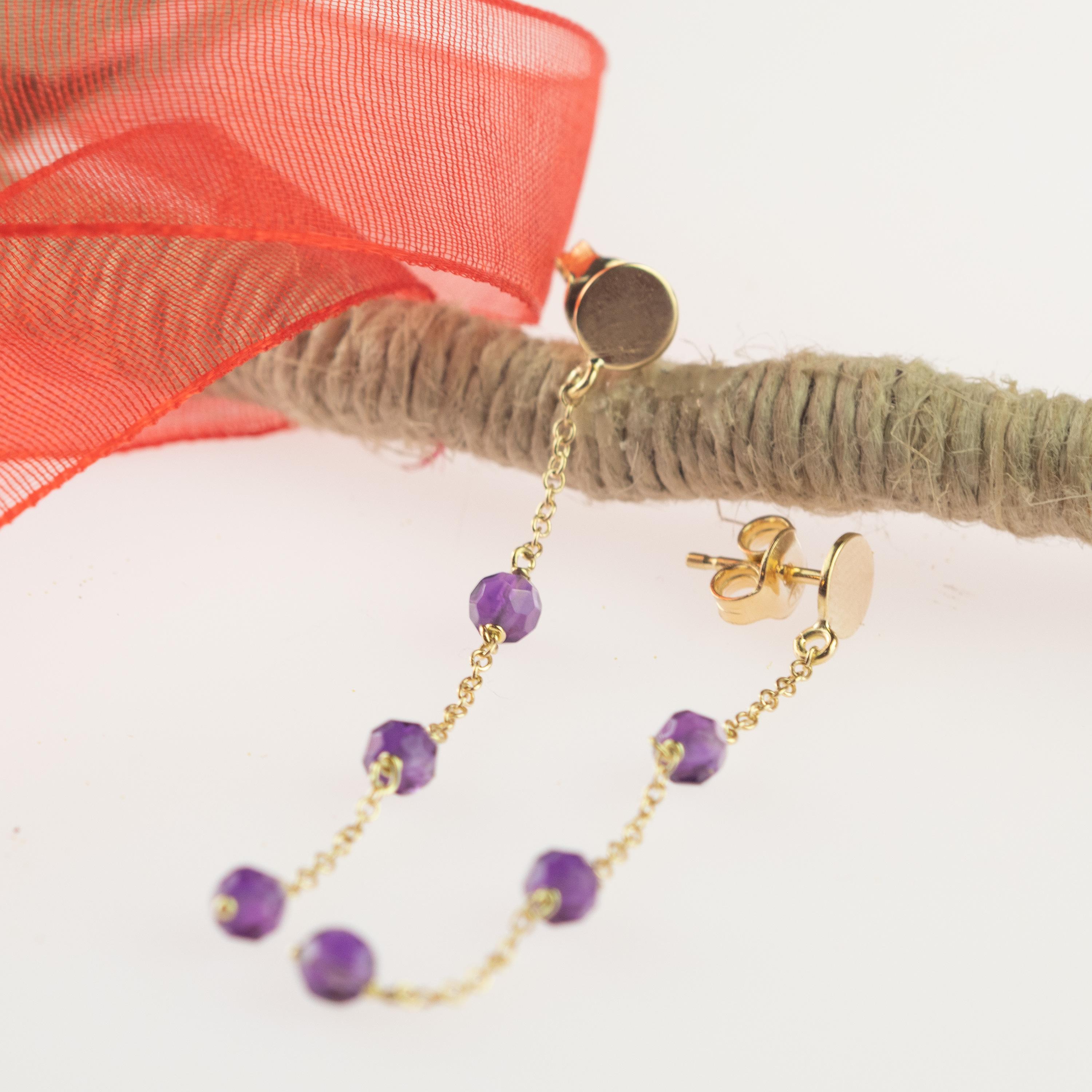 Amethyst Rondelle 18 Karat Yellow Gold Chain Handmade Long Dangle Earrings In New Condition For Sale In Milano, IT