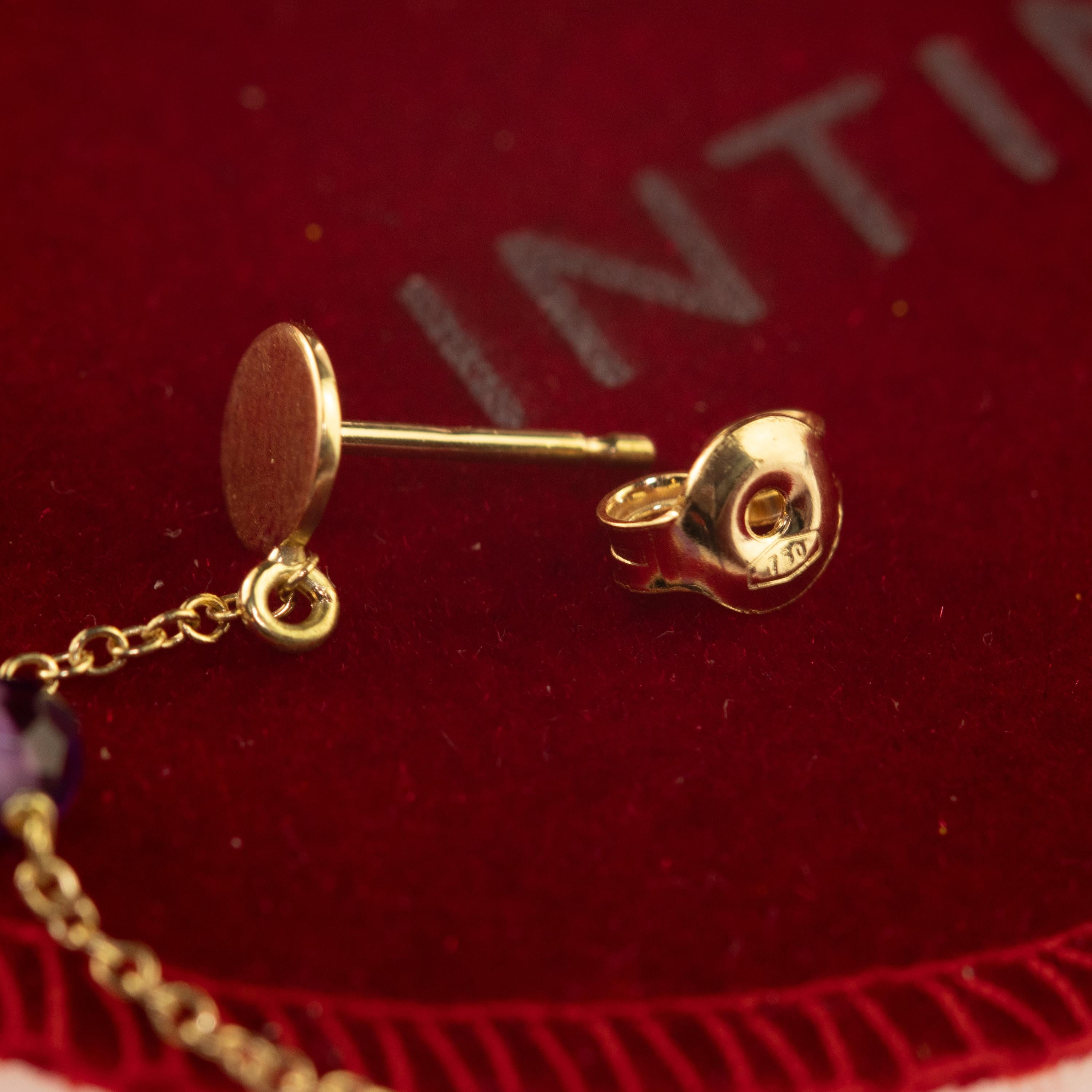 Women's Amethyst Rondelle 18 Karat Yellow Gold Chain Handmade Long Dangle Earrings For Sale