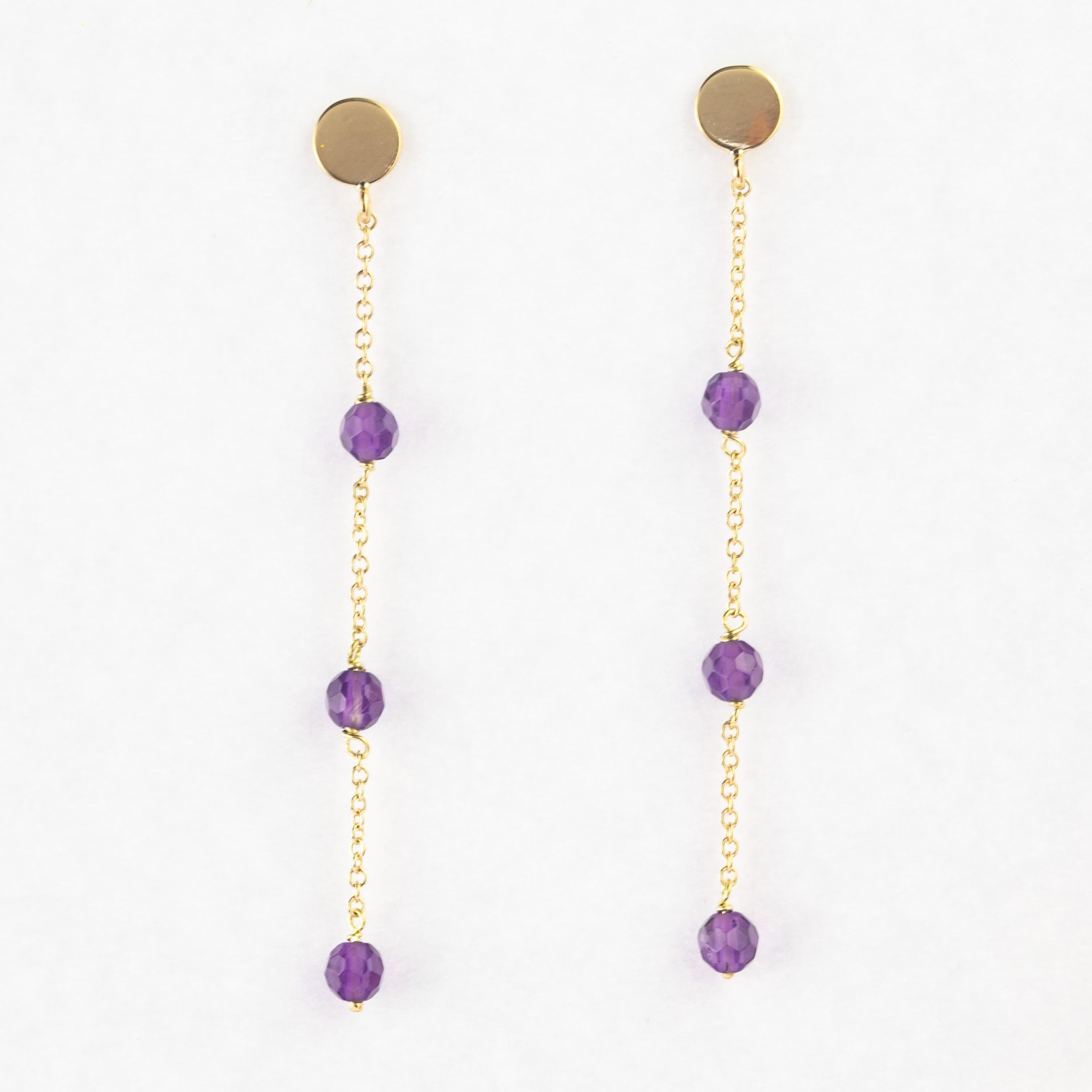 Amethyst Rondelle 18 Karat Yellow Gold Chain Handmade Long Dangle Earrings For Sale 1