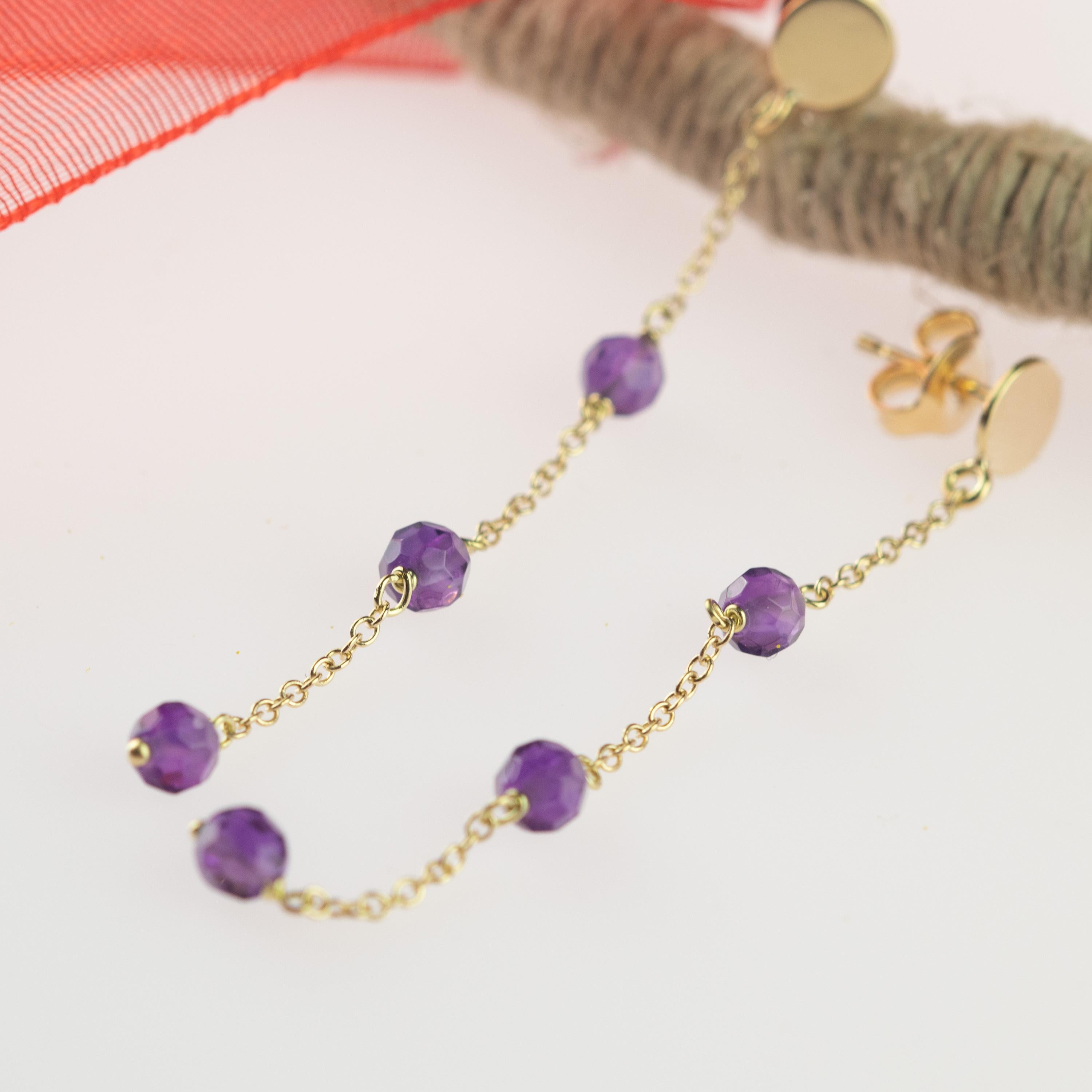 Longues boucles d'oreilles pendantes en or jaune 9 carats avec améthyste en rondelle, faites à la main en vente 2