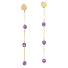 Amethyst Rondelle 9 Karat Yellow Gold Chain Handmade Long Dangle Earrings