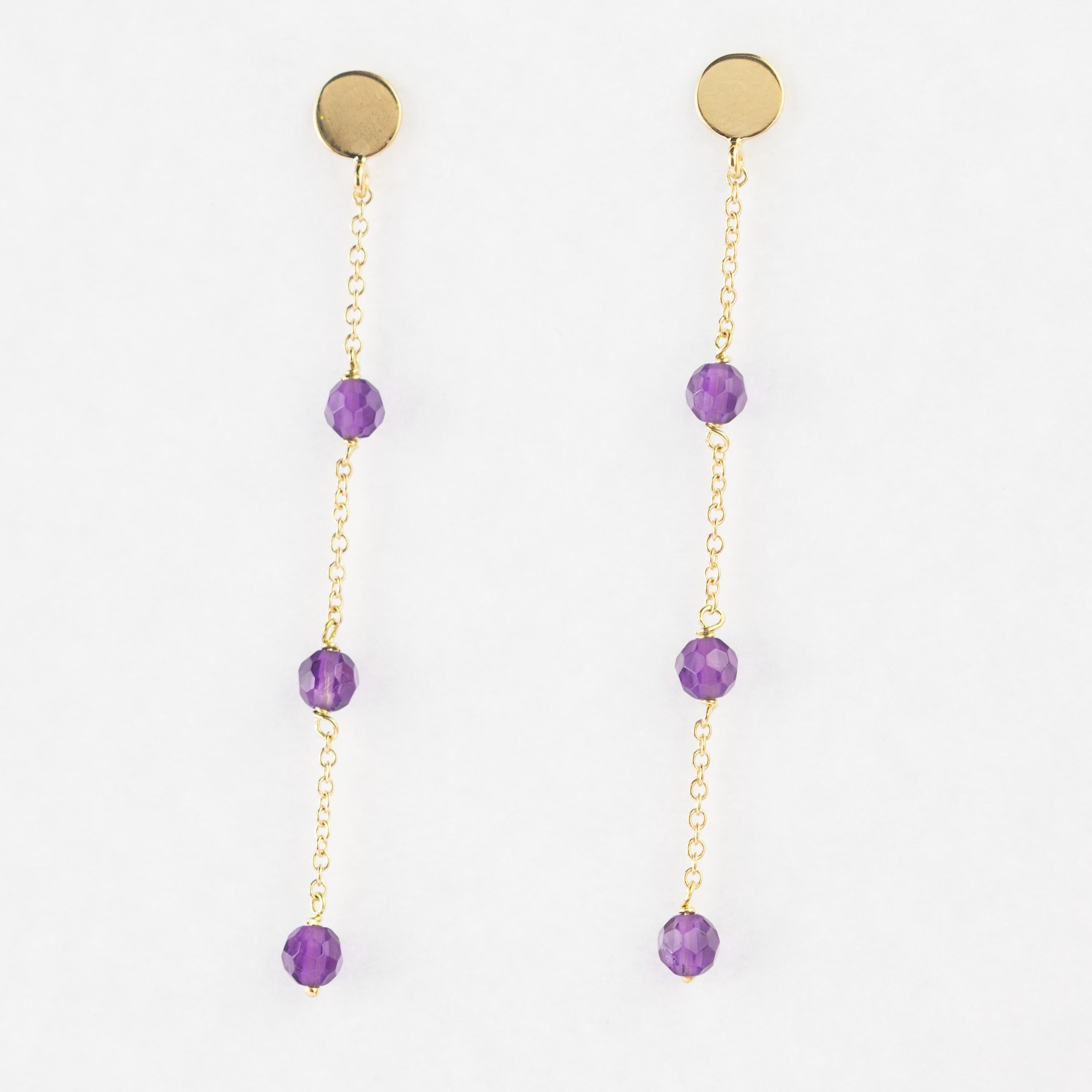 Art Nouveau Amethyst Rondelle Gold Plate Chain Handmade Vintage Long Drop Dangle Earrings For Sale