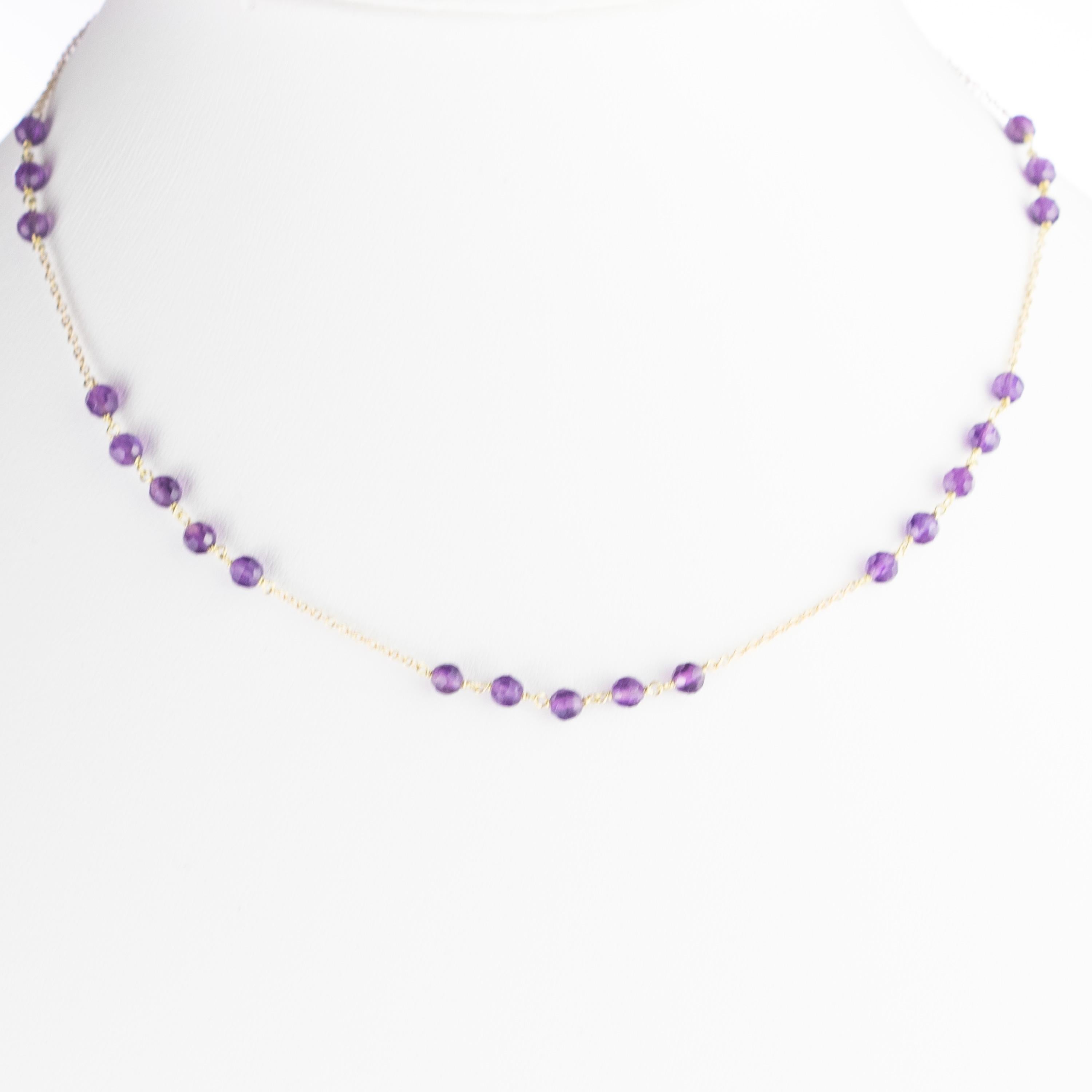 Modern Amethyst Rondelles 9 Karat Yellow Gold Chain Handmade Cocktail Chic Necklace For Sale