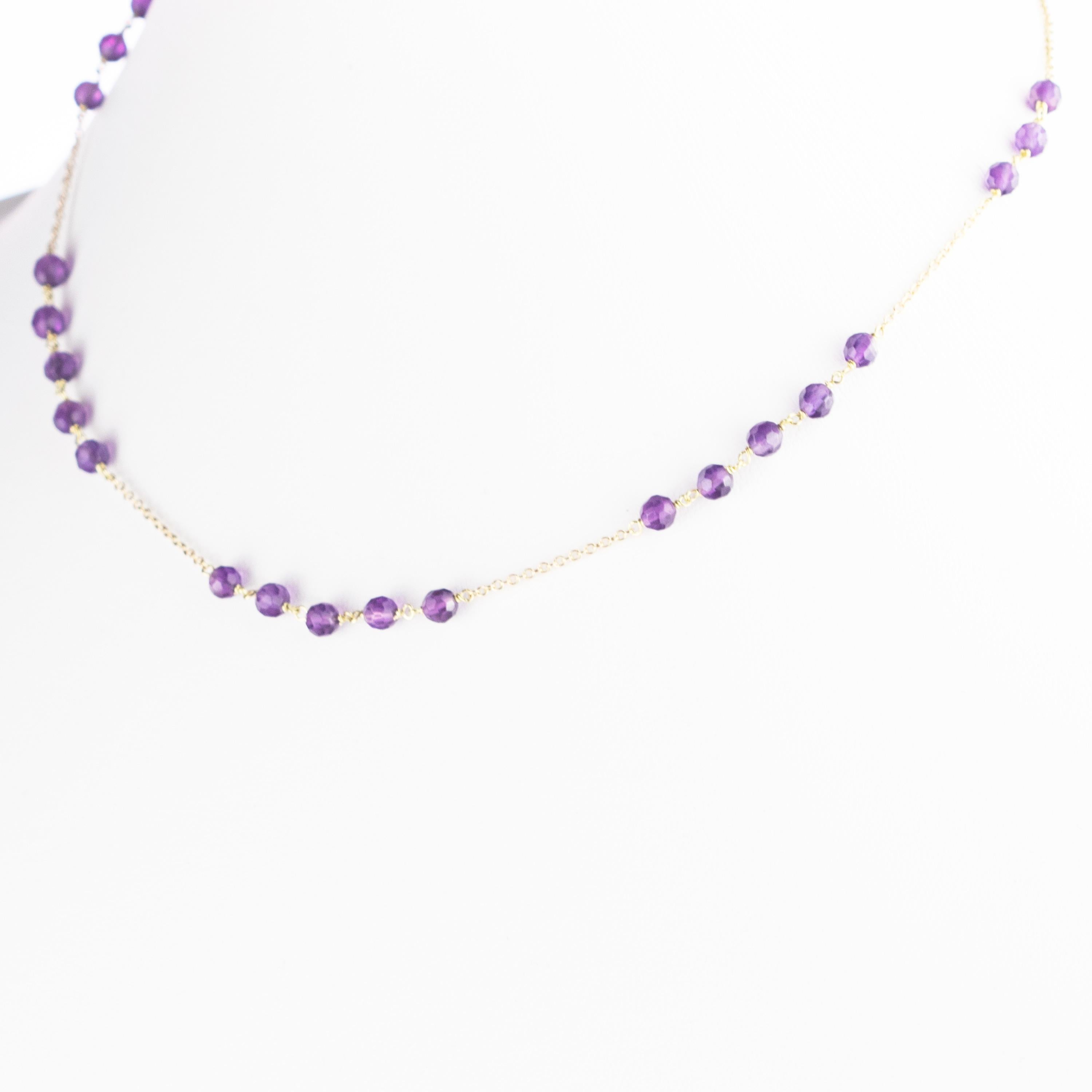 Round Cut Amethyst Rondelles 9 Karat Yellow Gold Chain Handmade Cocktail Chic Necklace For Sale