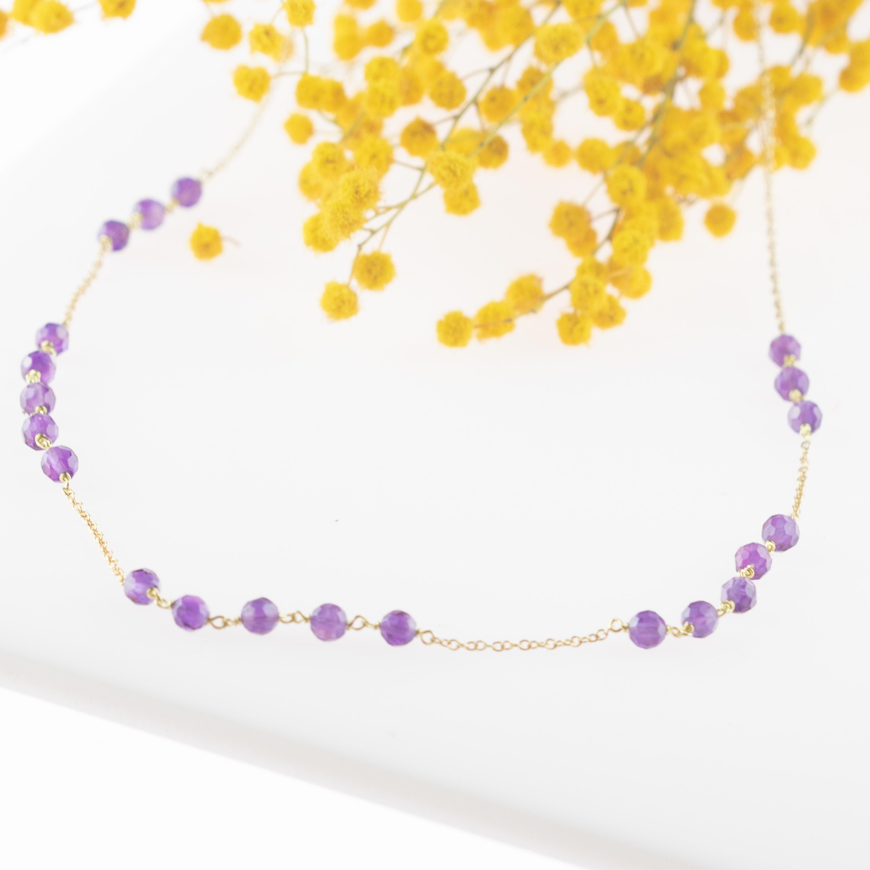 Women's Amethyst Rondelles 9 Karat Yellow Gold Chain Handmade Cocktail Chic Necklace For Sale