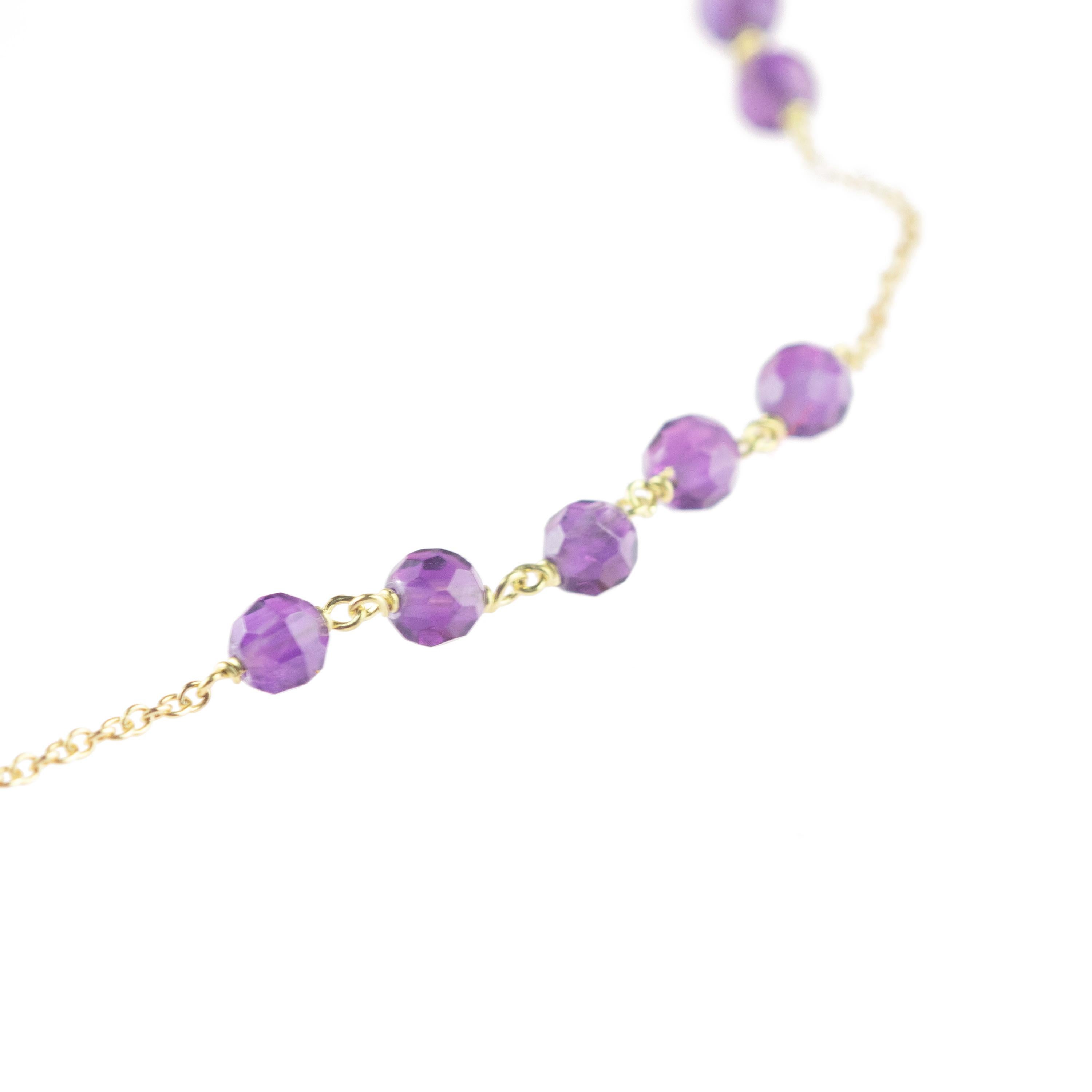 Amethyst Rondelles 9 Karat Yellow Gold Chain Handmade Cocktail Chic Necklace For Sale 1