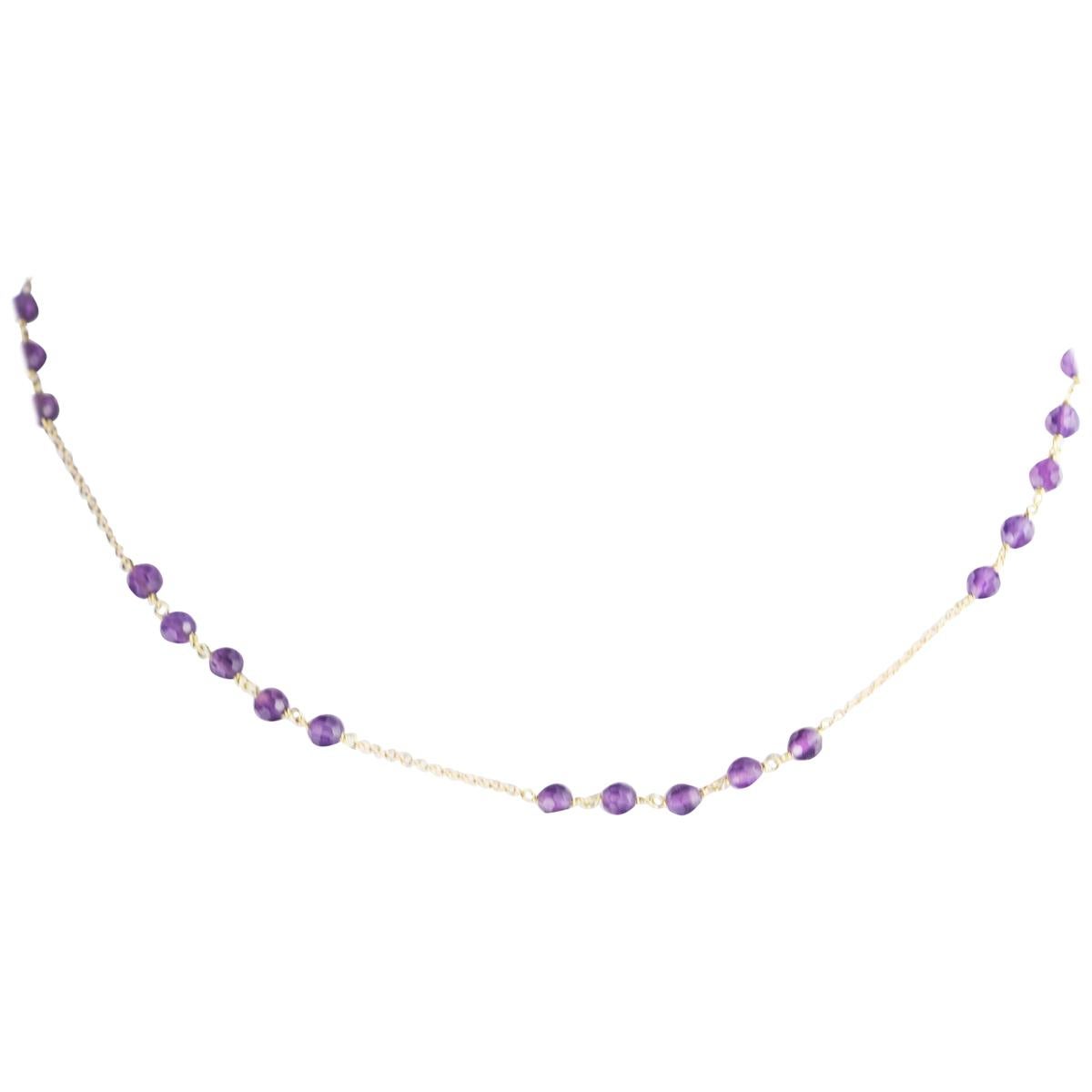 Amethyst Rondelles 9 Karat Yellow Gold Chain Handmade Cocktail Chic Necklace For Sale