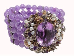 Amethyst Rose Gold and Pearls Diamonds Amethyst Clasp Bracelet
