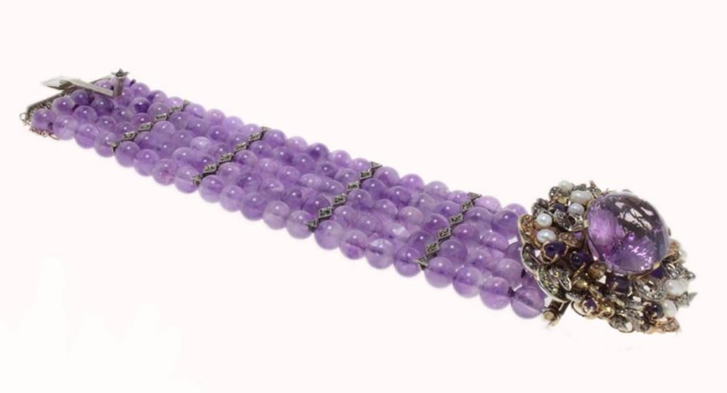 Amethyst Rose Gold and Pearls Diamonds Amethyst Clasp Bracelet In Good Condition In Marcianise, Marcianise (CE)