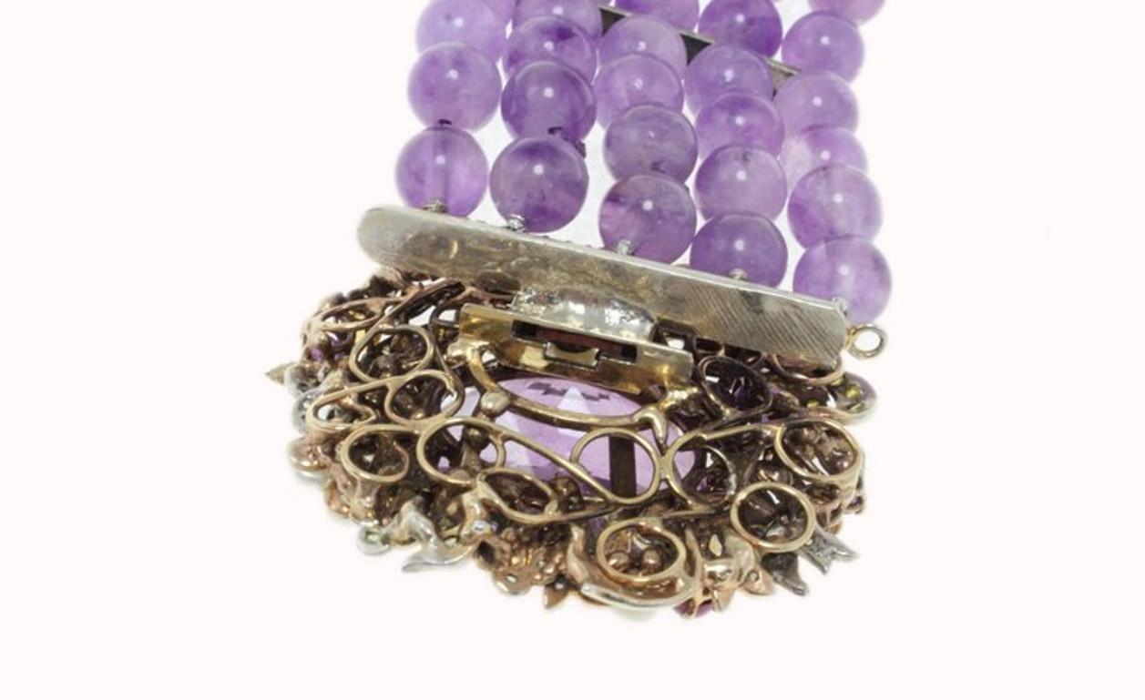 Women's or Men's Amethyst Rose Gold and Pearls Diamonds Amethyst Clasp Bracelet