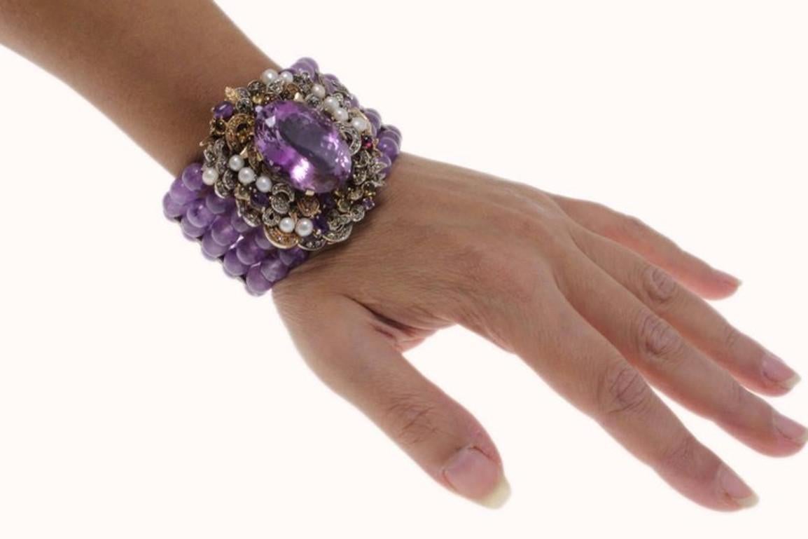 Amethyst Rose Gold and Pearls Diamonds Amethyst Clasp Bracelet 2