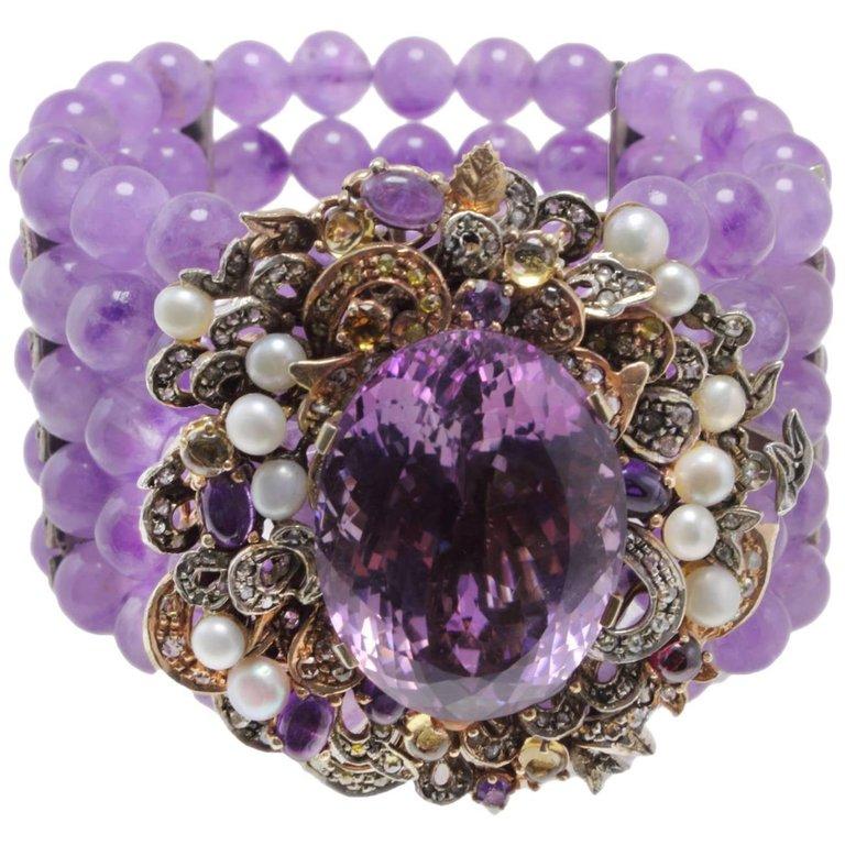 Amethyst Rose Gold and Pearls Diamonds Amethyst Clasp Bracelet