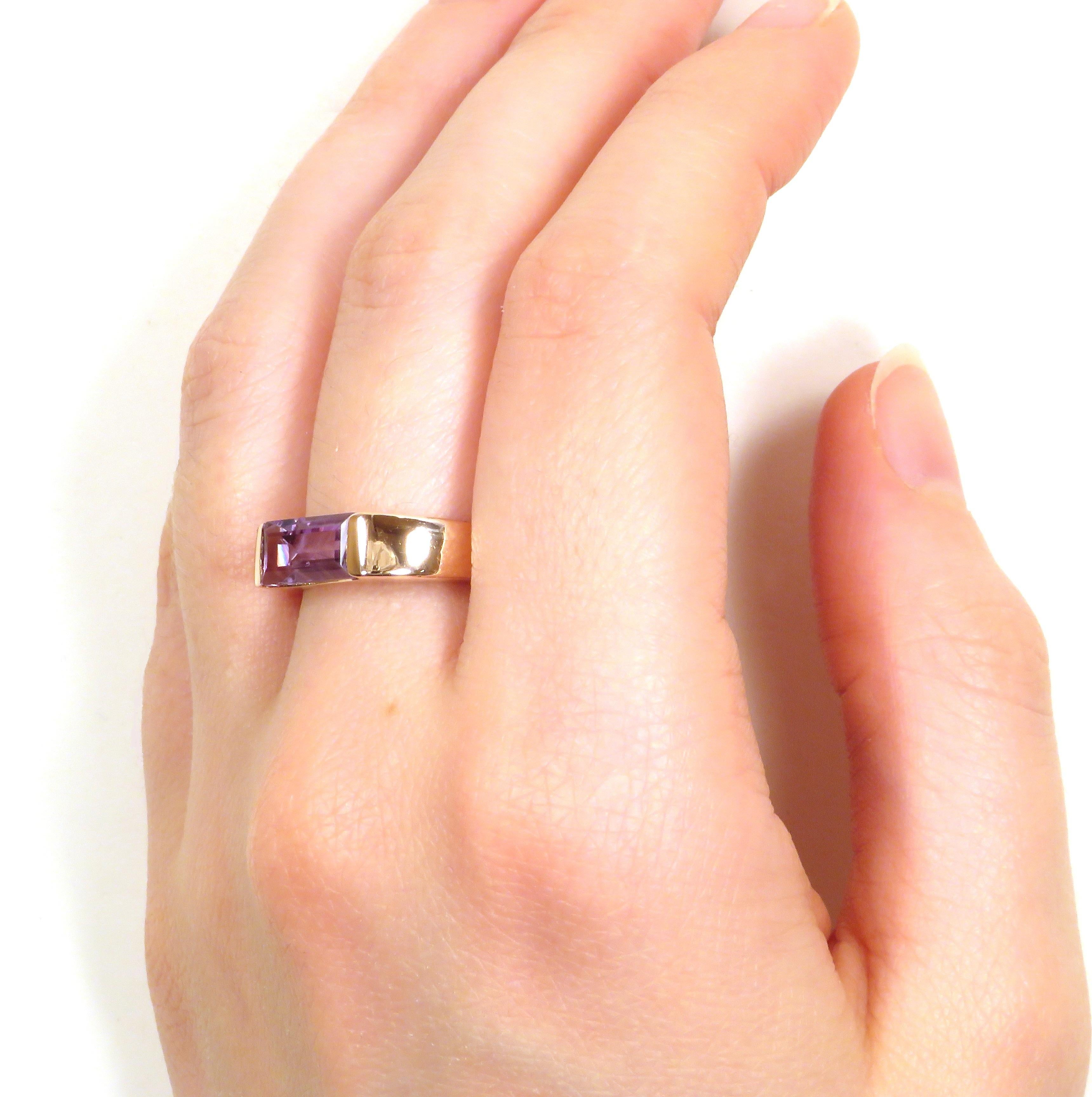 Baguette Cut Amethyst Rose Gold Band Ring Handcrafted in Italy by Botta Gioielli For Sale
