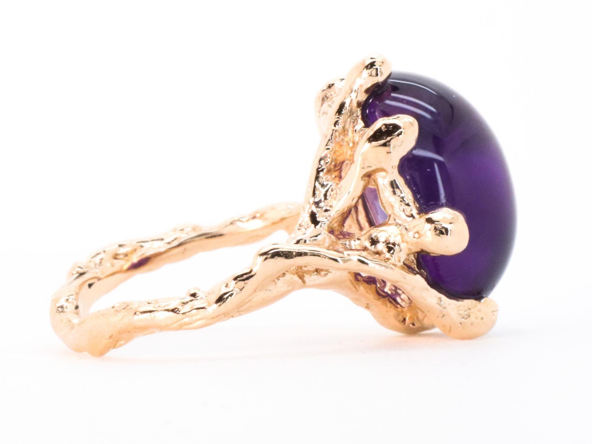 Amethyst Rose Gold Made in Italy Brutalist Asymmetrical Bold Cocktail Ring For Sale 4